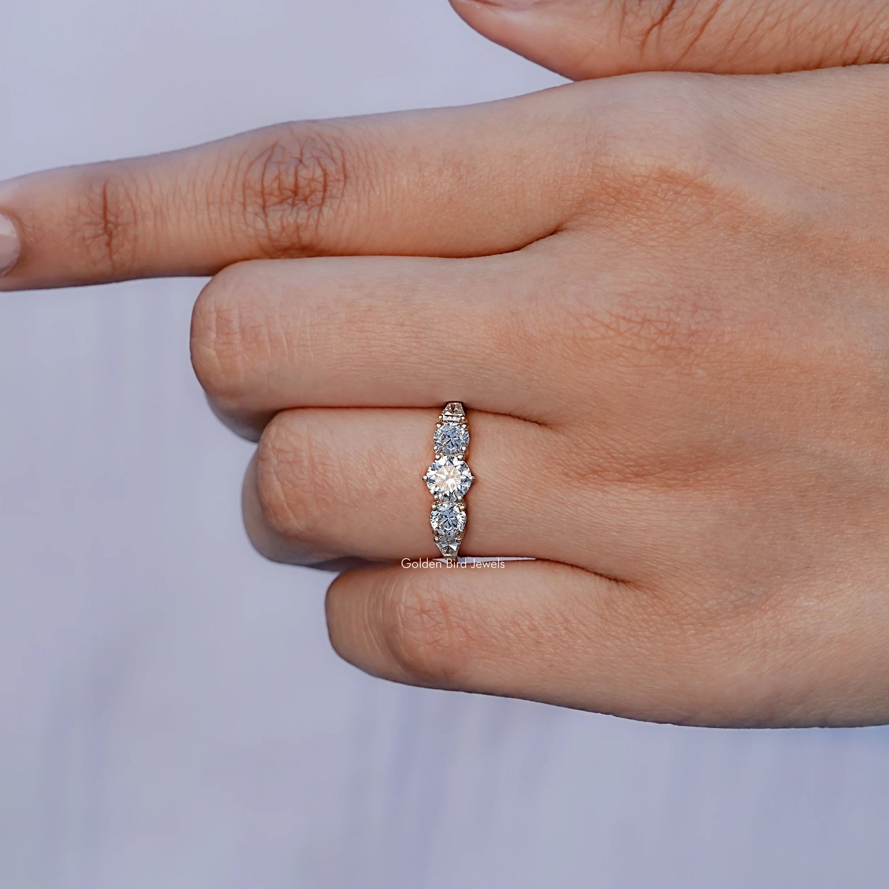 Detailed View of Shield And Round Lab Diamond Ring In Yellow Gold