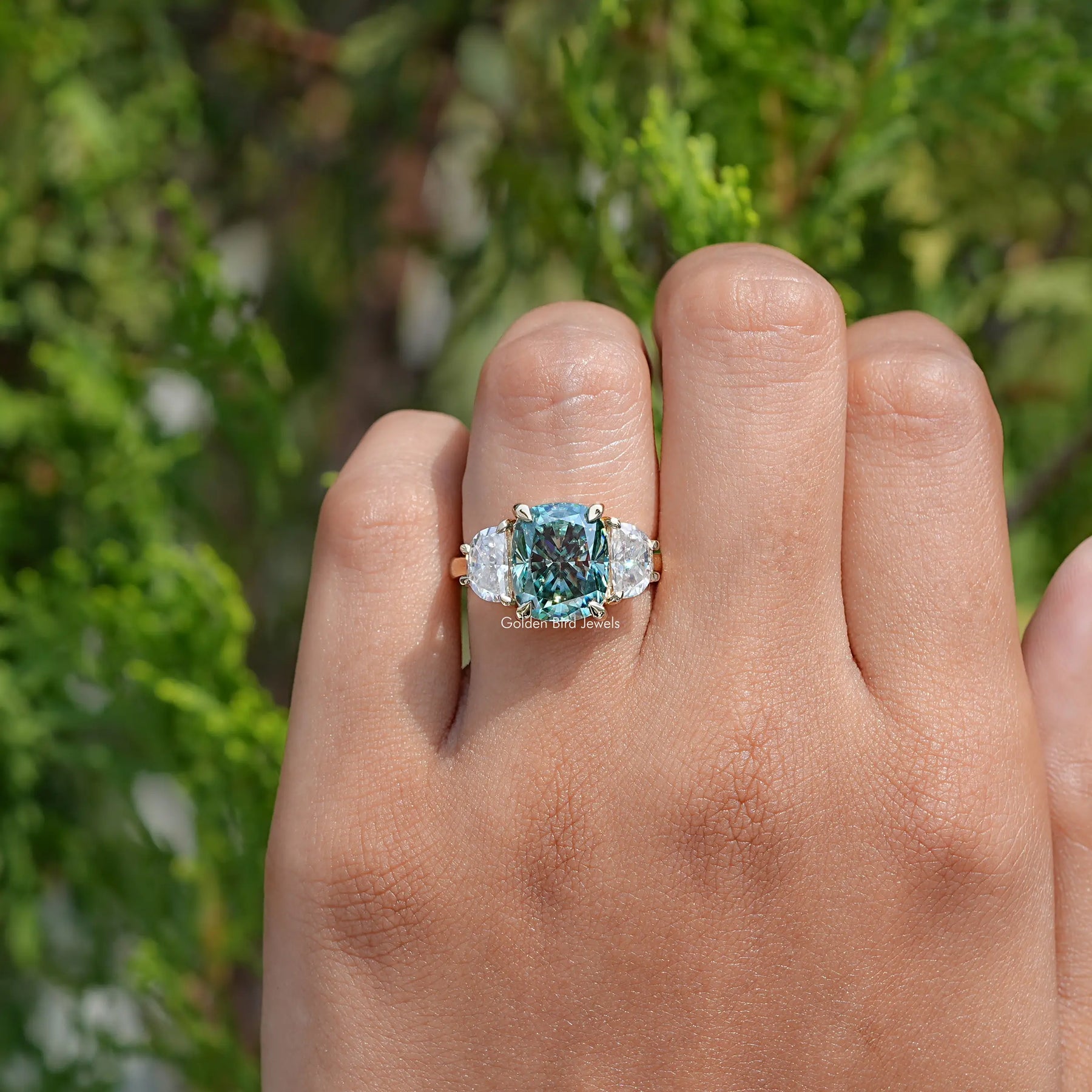 Elongated Green Cushion Cut Moissanite Three Stone Ring