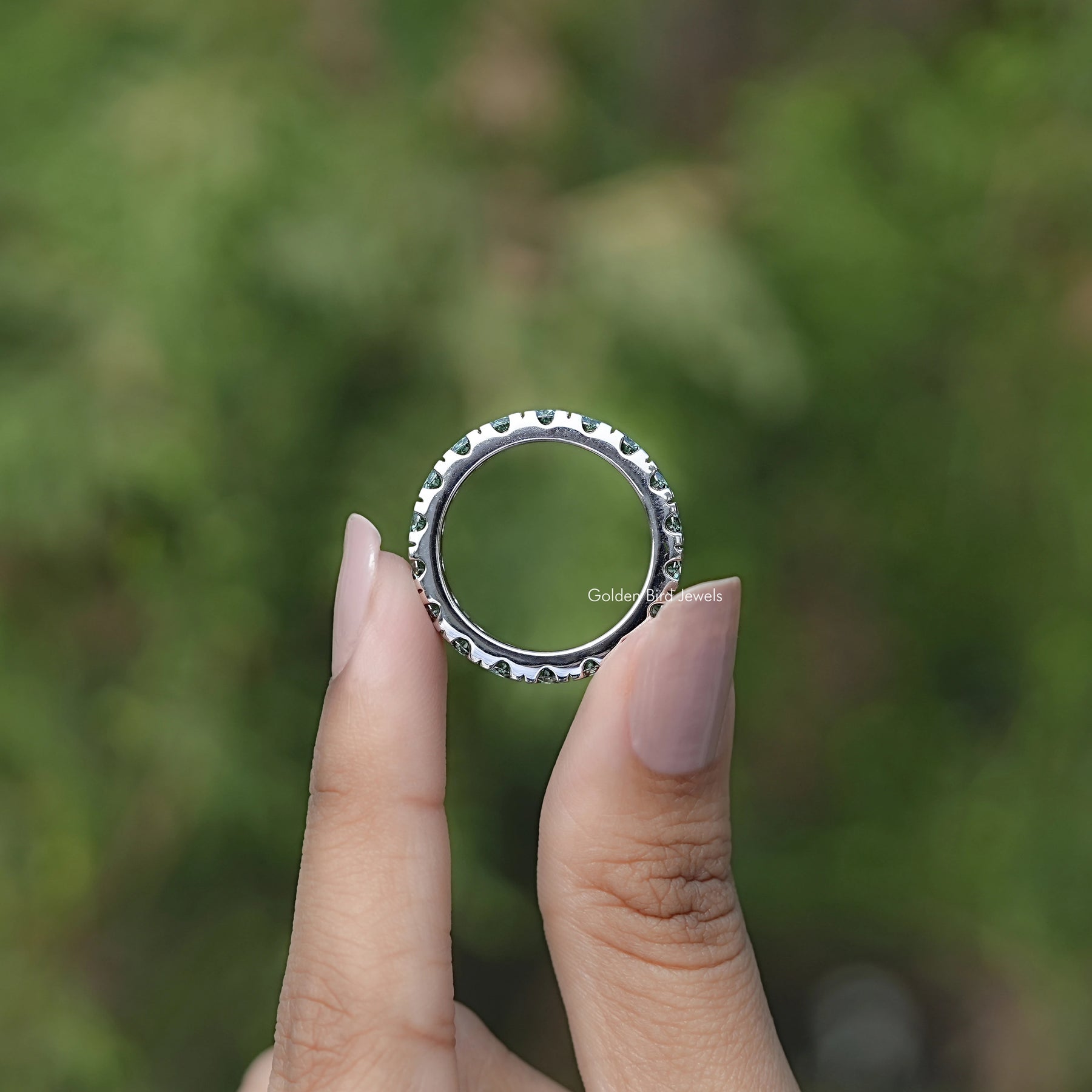 Back view of Green Round Cut Moissanite Eternity Band
