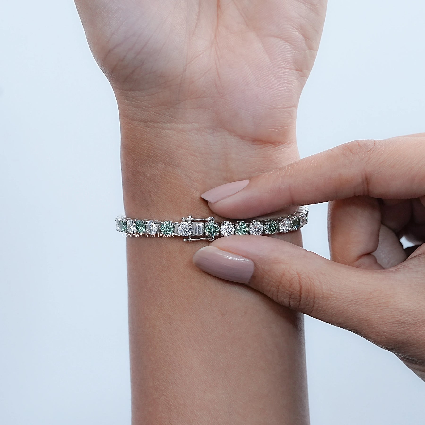 Back Side View Of Alternative Green Round Cut Moissanite Tennis Bracelet