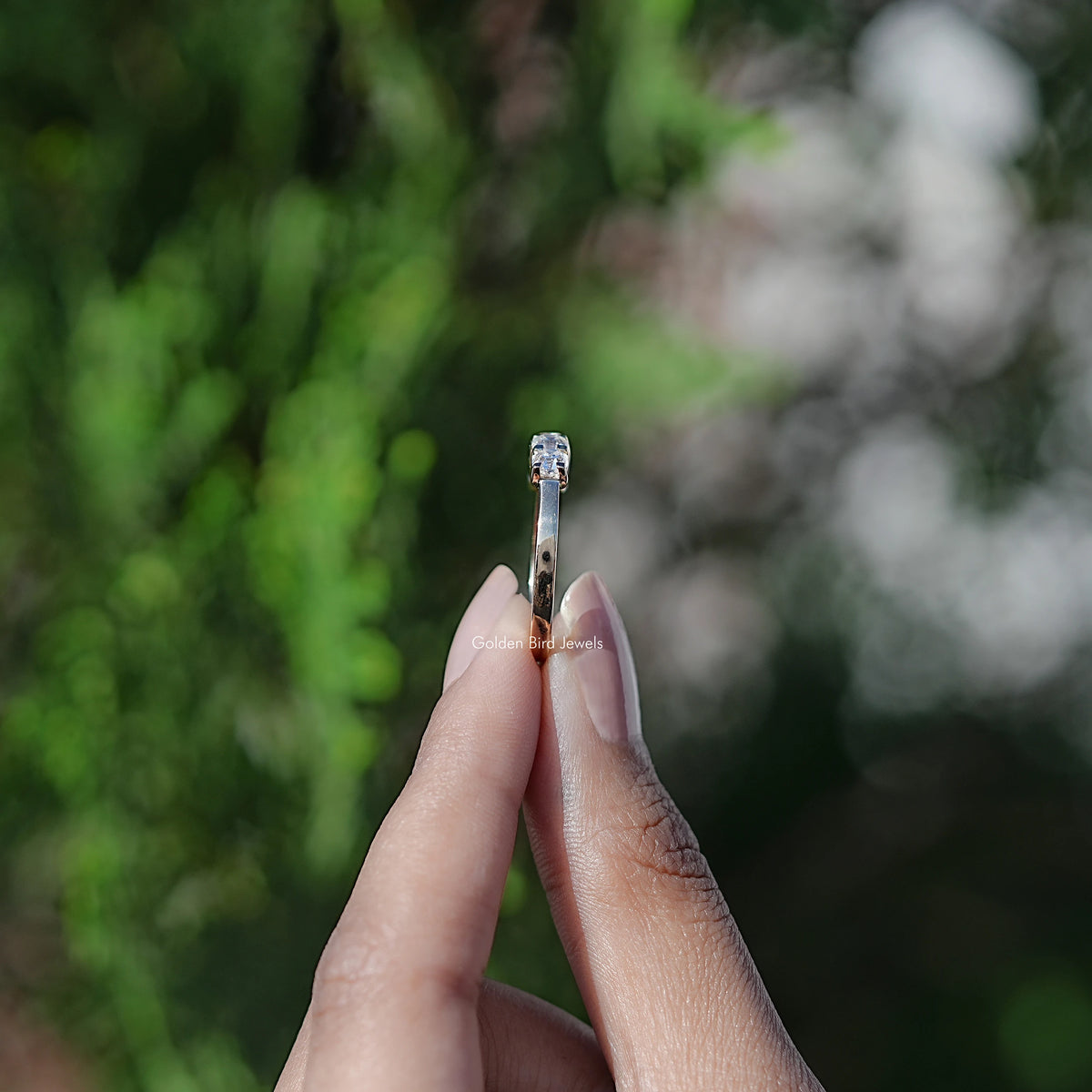 Back view of Dark Gray Radiant Moissanite Ring