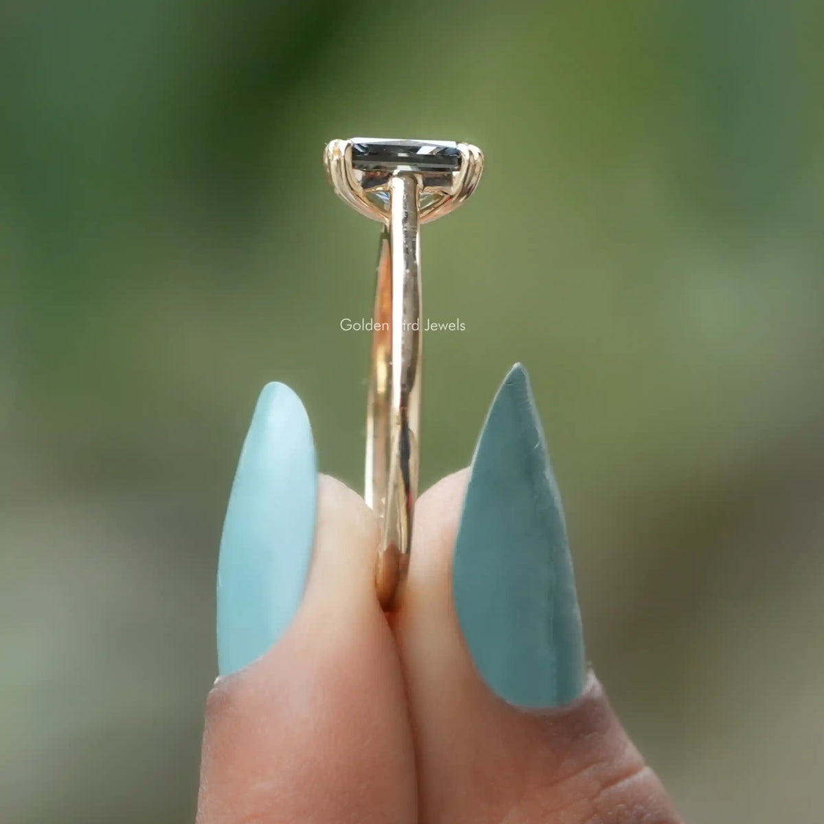 Side View of Dark Gray Radiant Moissanite Solitaire Ring