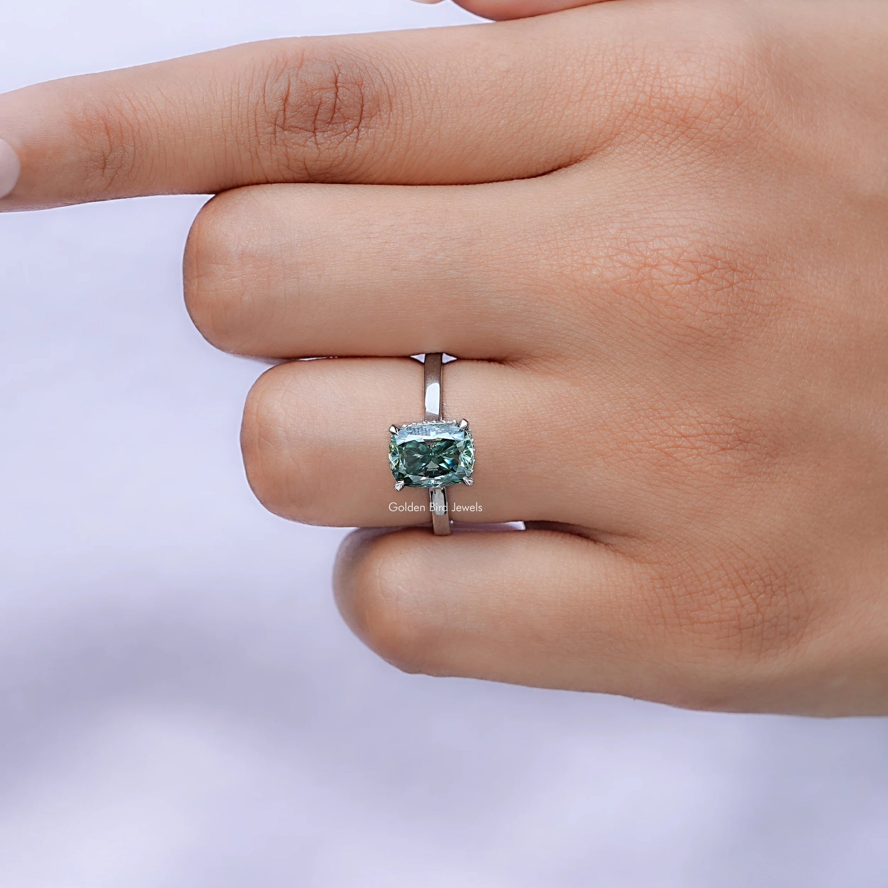 Fancy Green Elongated cushion moissanite hidden halo ring