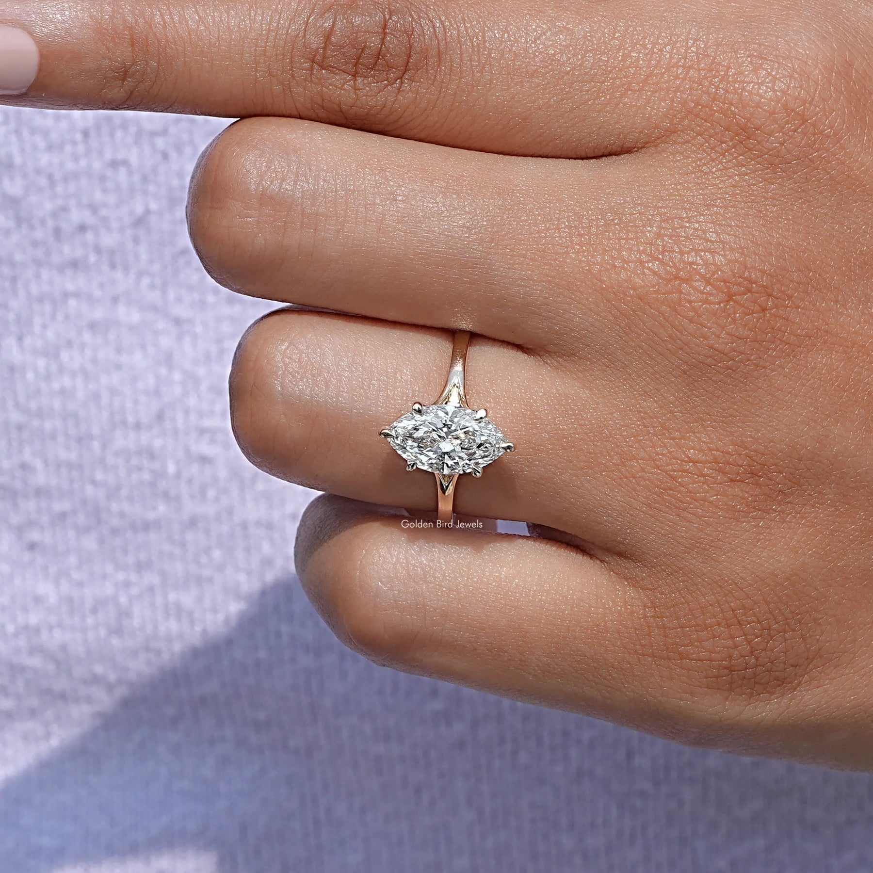 Detailed View of Marquise Cut Lab Diamond Engagement Ring In Yellow Gold