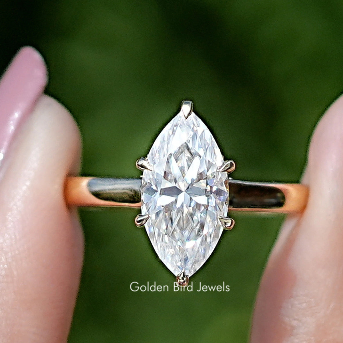 Front view of Marquise Moissanite Hidden halo Bridge Accent Ring