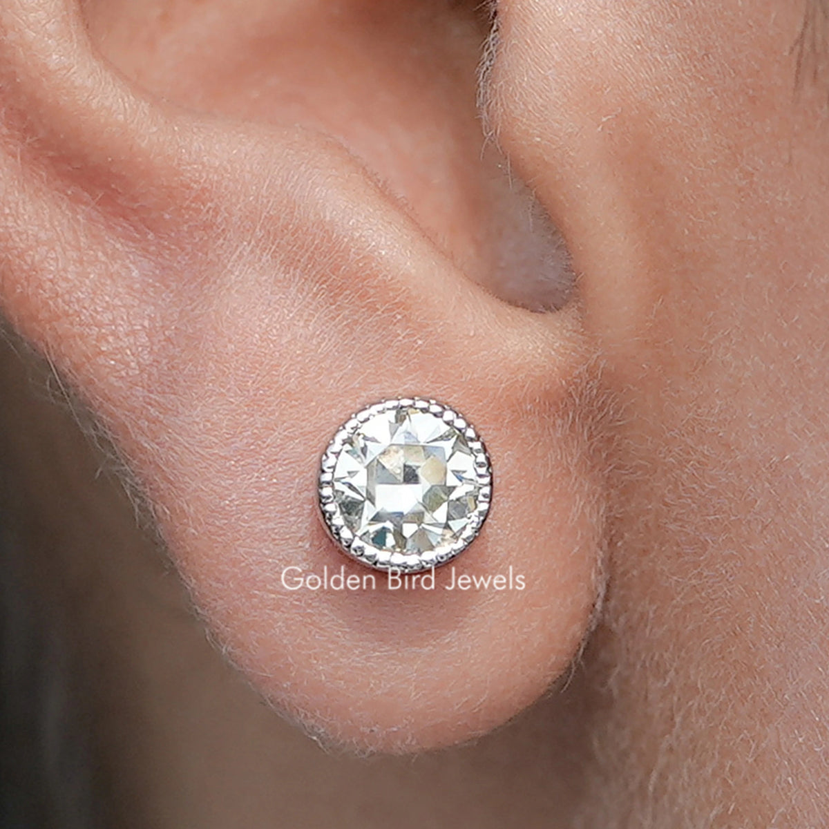Front view of Milgrain Old European Round Moissanite Stud Earrings