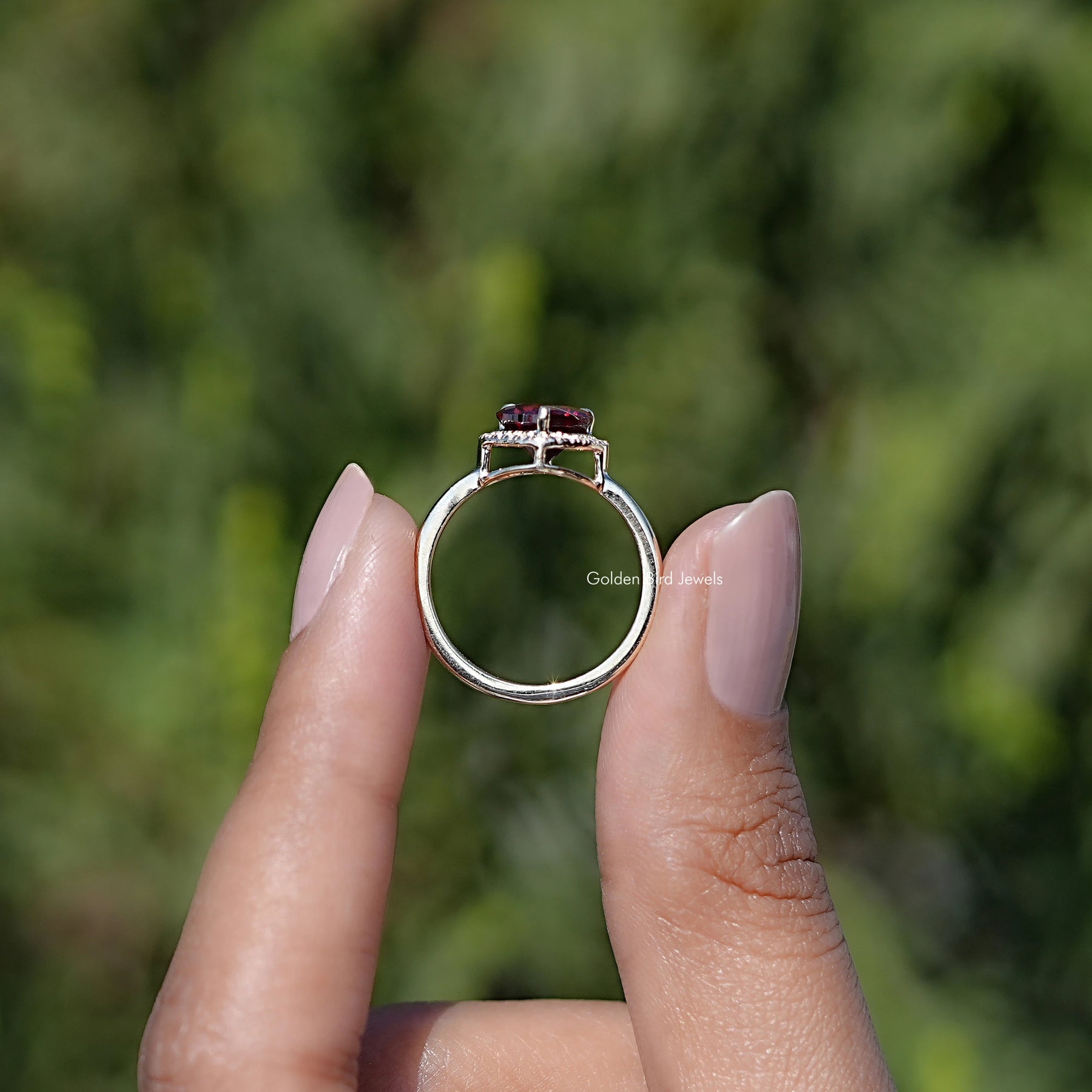Back view of Oval Cut Moissanite ring in secure setting