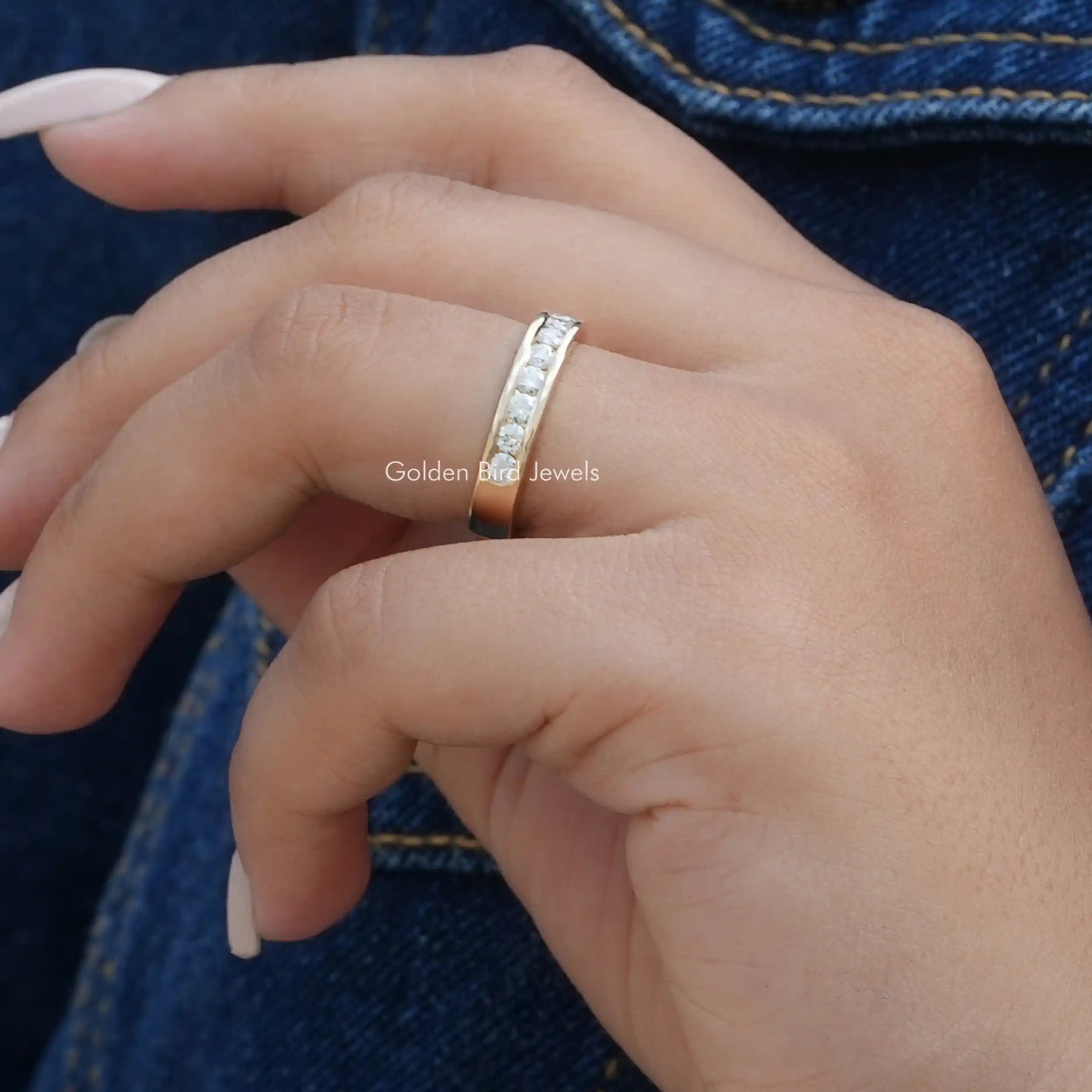 View of Channel Set Round Diamond Half Eternity Wedding Ring In Yellow Gold