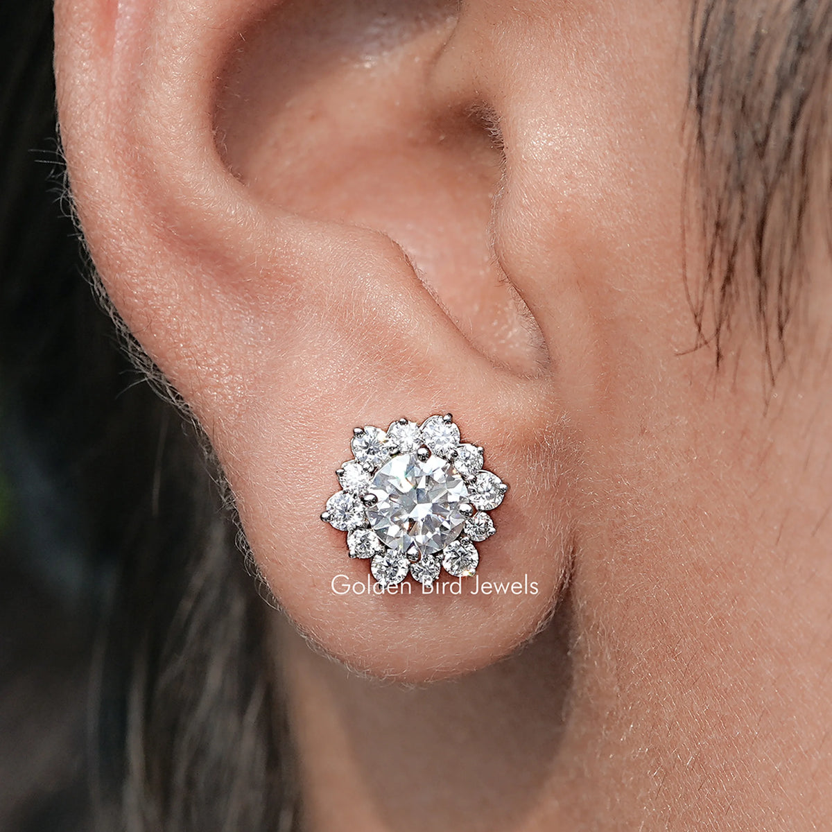Front View Of Round Cut Moissanite Halo Stud Earrings