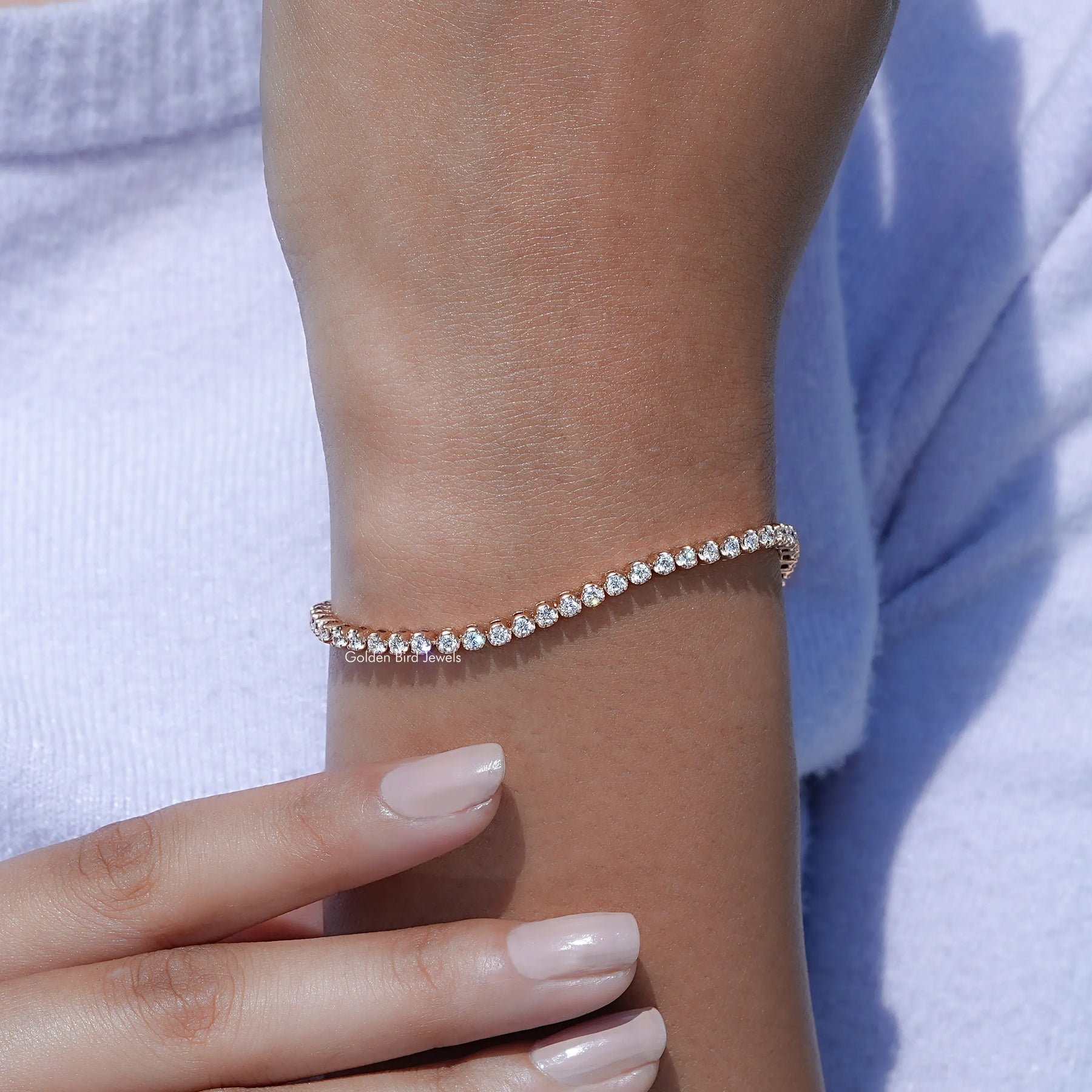 View of Round Cut Diamond Tennis Bracelet In Yellow Gold