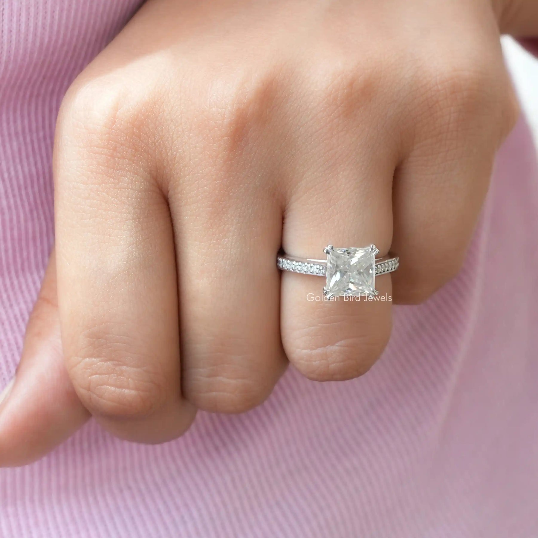 Detailed View Of Princess Cut Moissanite Ring In White Gold