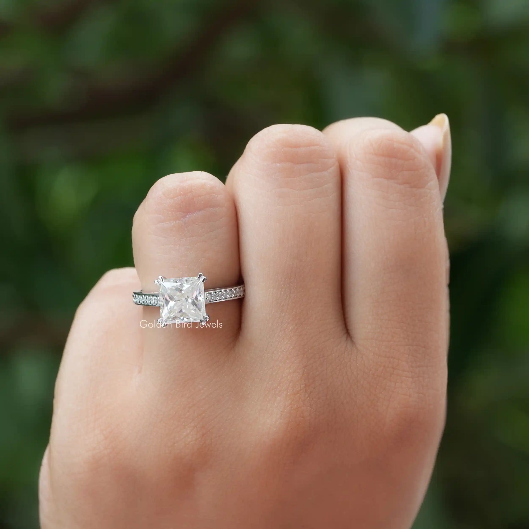 View of Solitaire Accent Princess Cut Moissanite Ring In White Gold