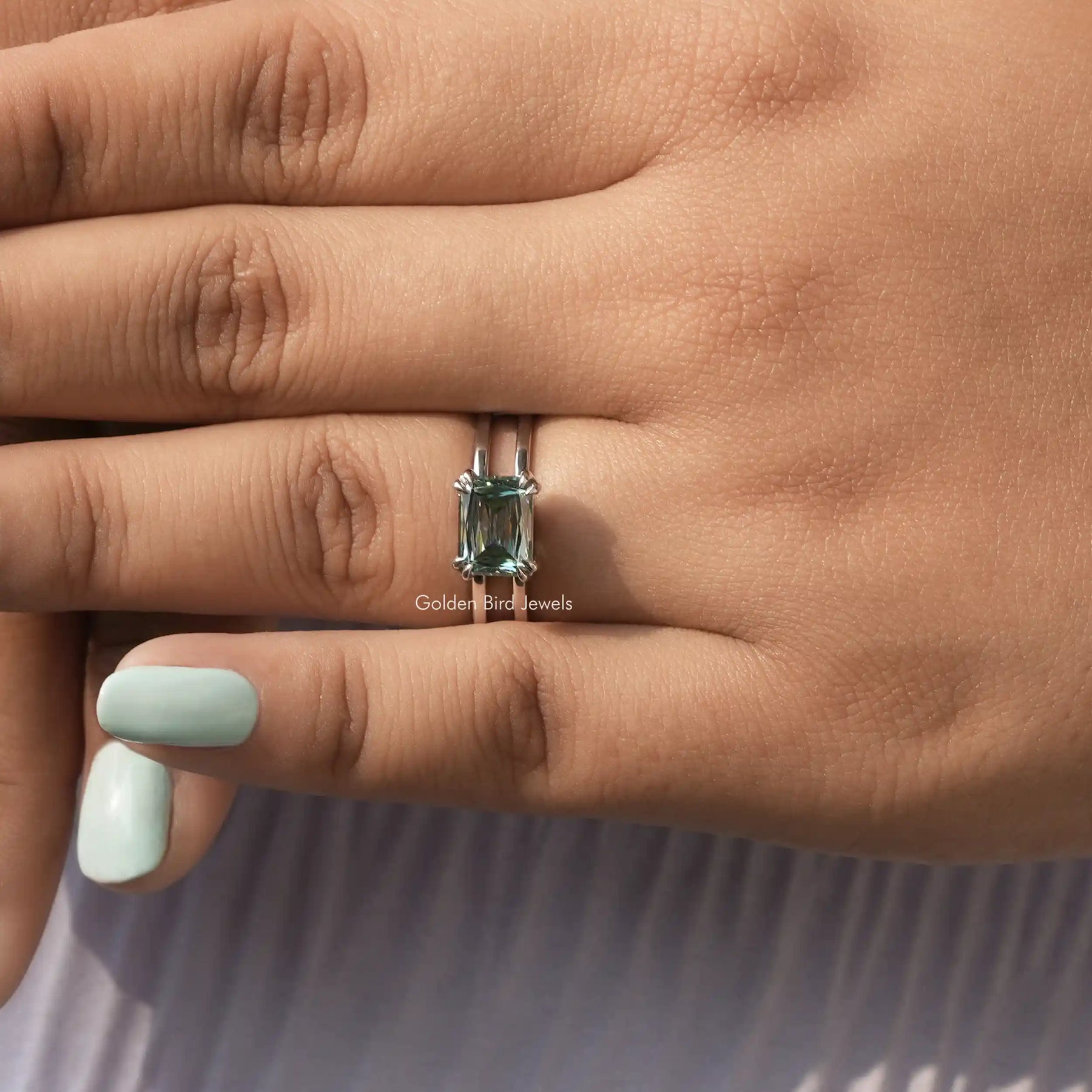 Detailed View Of Solitaire Blue Criss Cut Moissanite Ring In White Gold