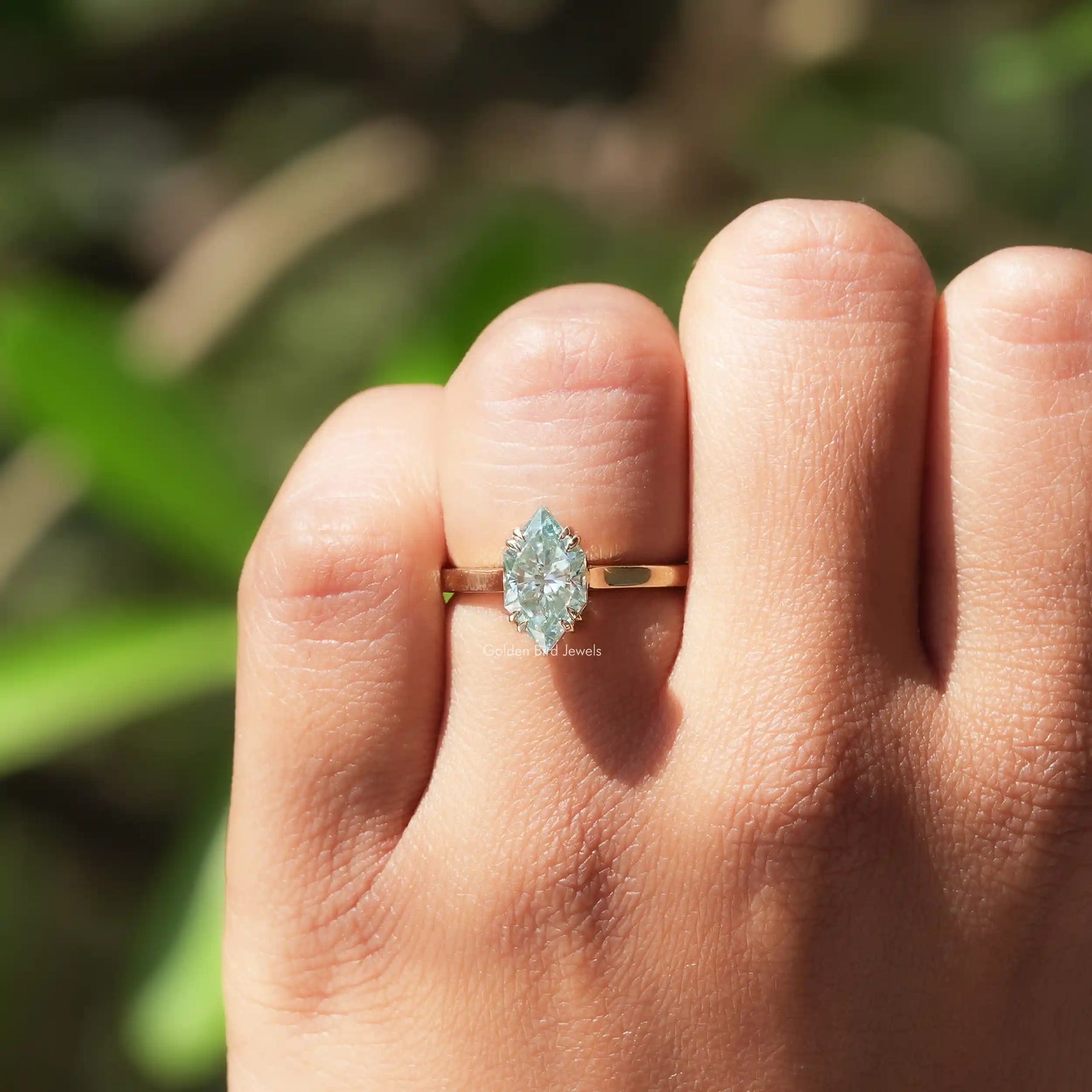 Close View of marquise cut moissanite ring in white gold