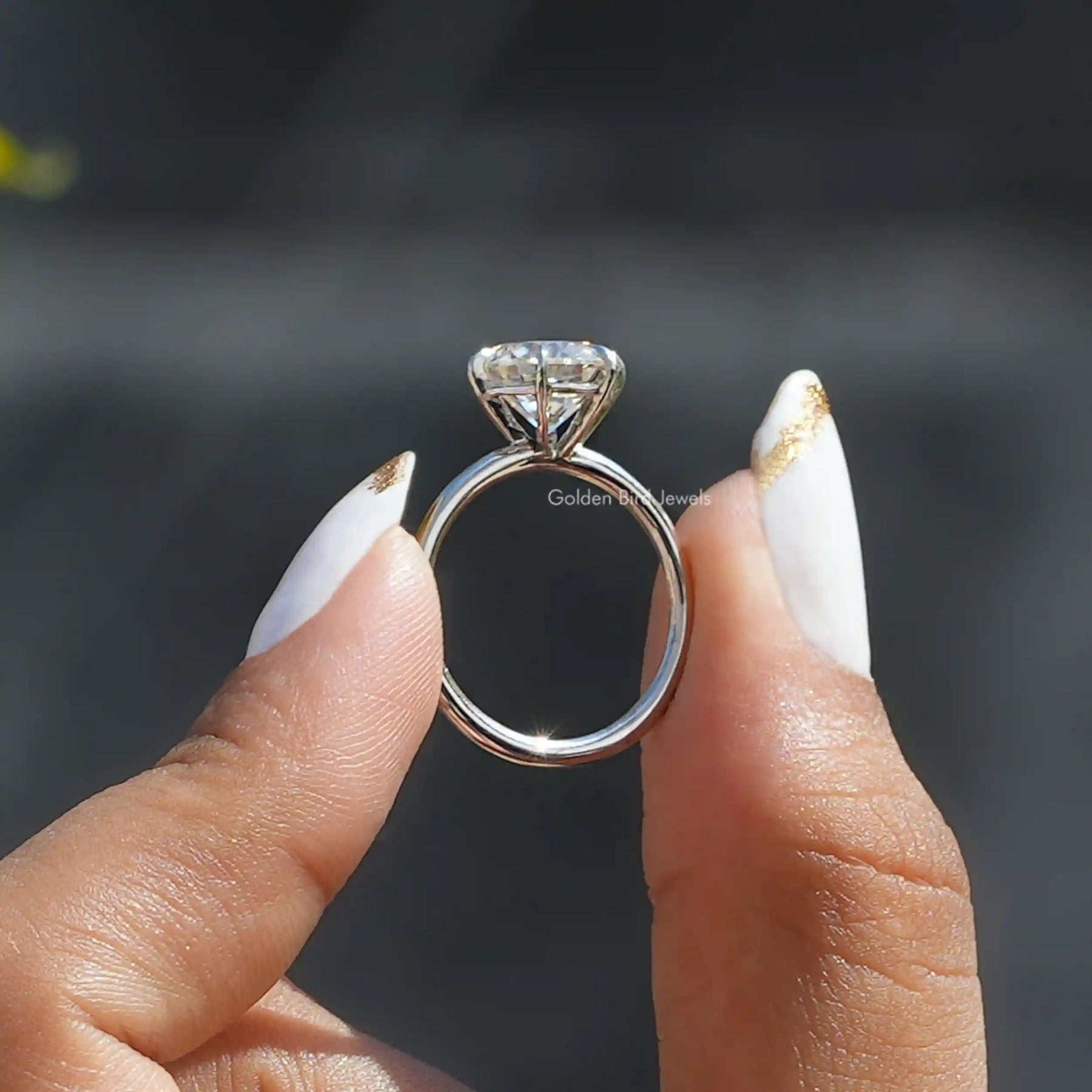 Back View of Round Cut Moissanite Bridal Solitaire Ring In two fingers