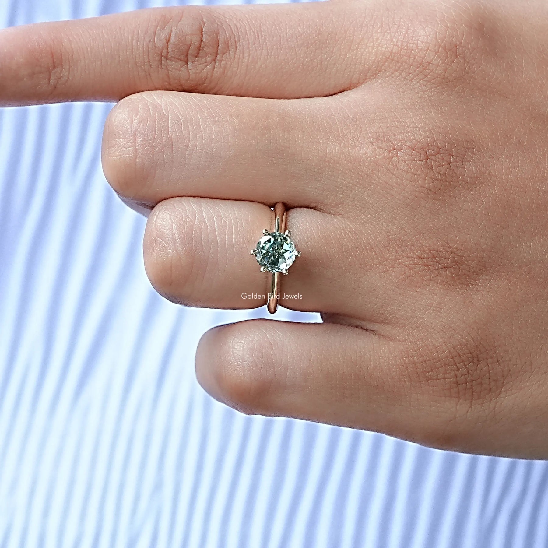 Front View of Portuguese Solitaire Cut Moissanite Ring In Yellow Gold