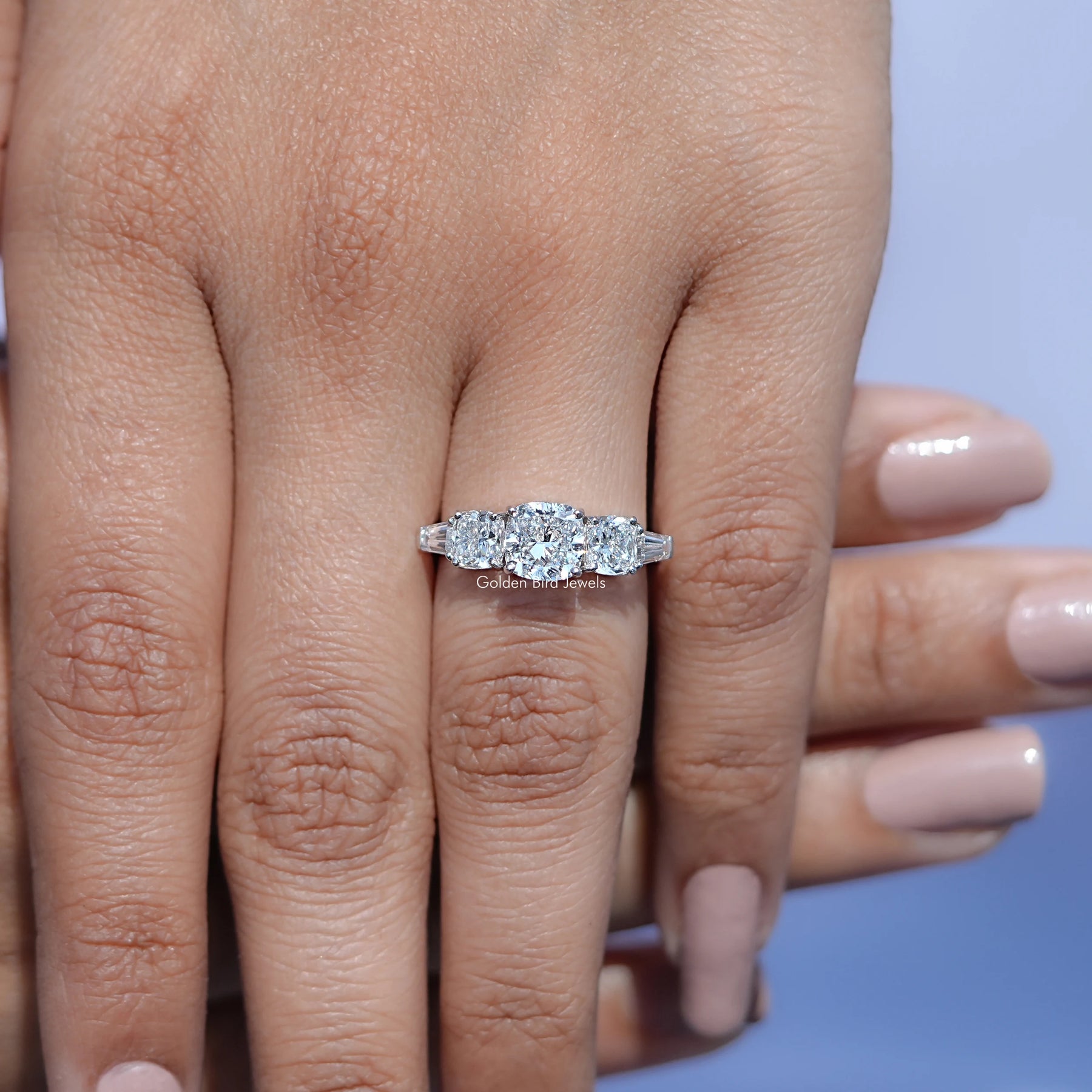 View of Square Cushion Cut Five Stone Ring In White Gold