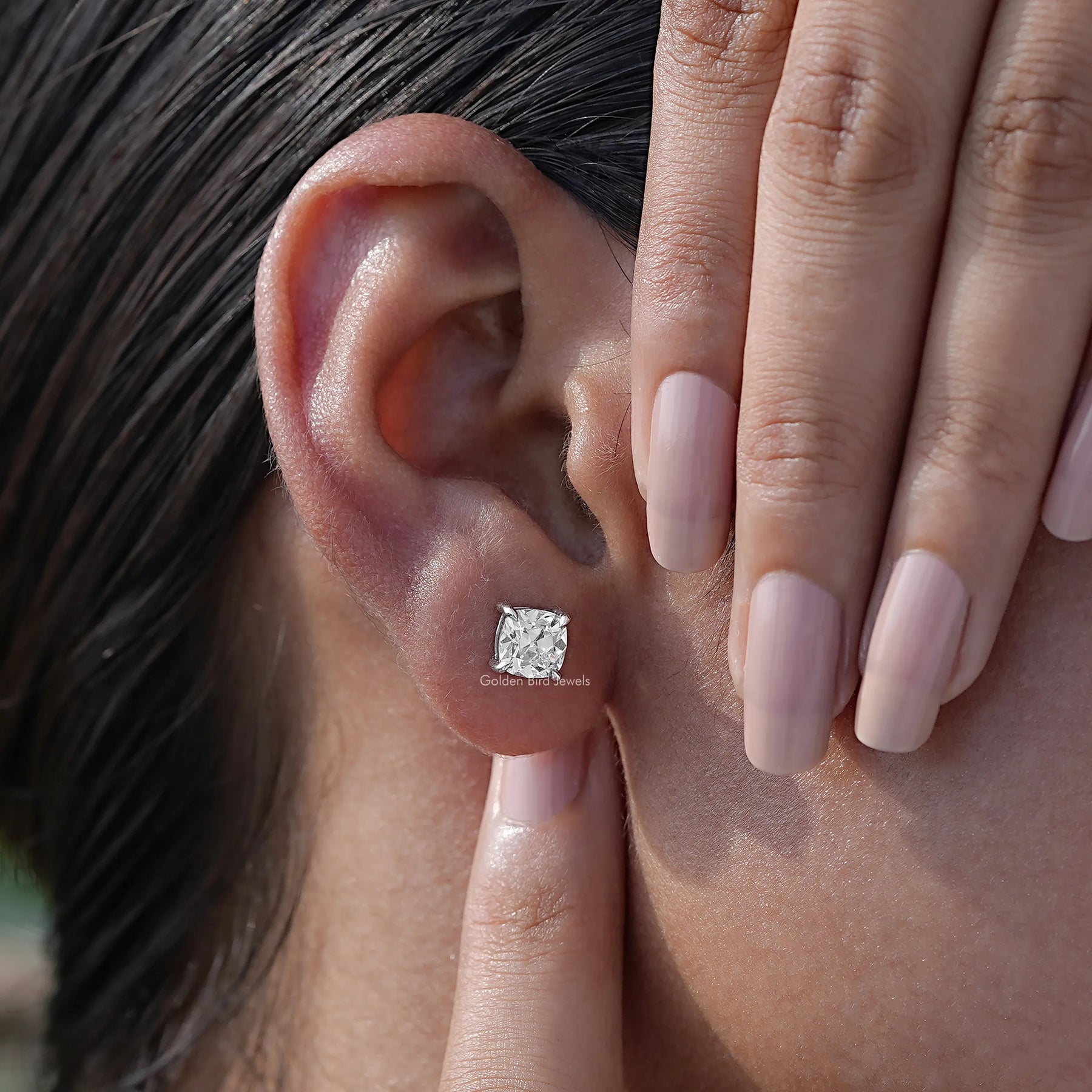 View of 0.50CTW old mine cushion Cut diamond Stud Earrings