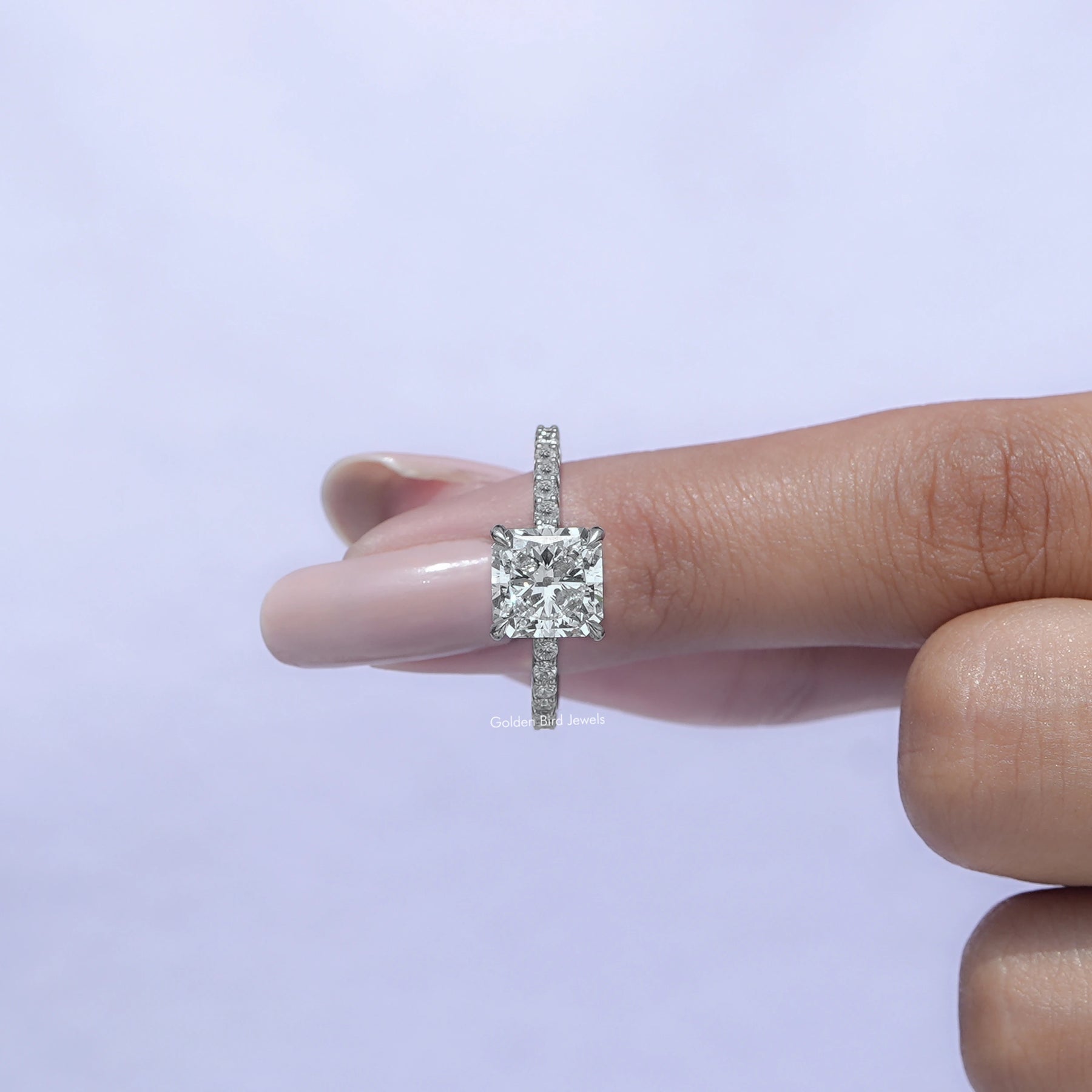 In front View of Radiant Cut Accent Diamond Engagement Ring
