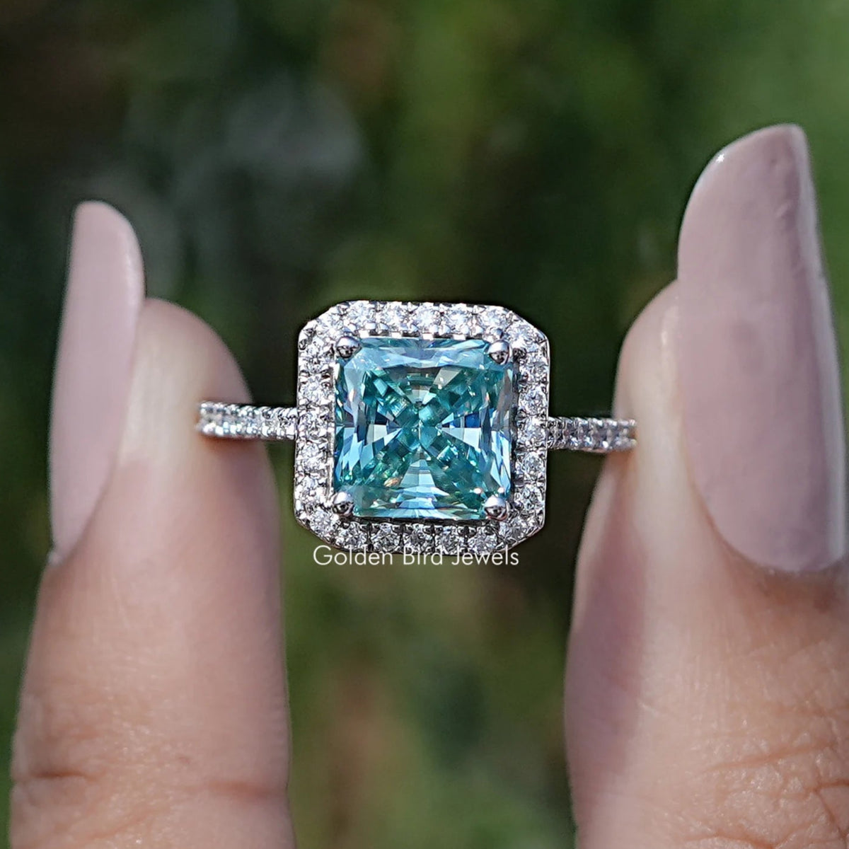 Front view of Square Radiant Moissanite Halo Accent Engagement Ring