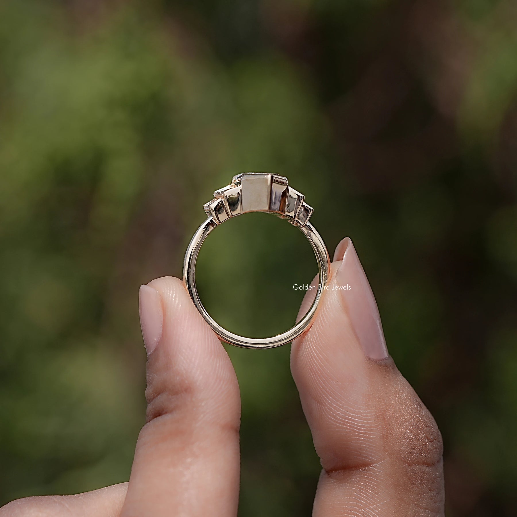 Back view of Step Cut Hexagon Lab Grown Diamond Five Stone Ring