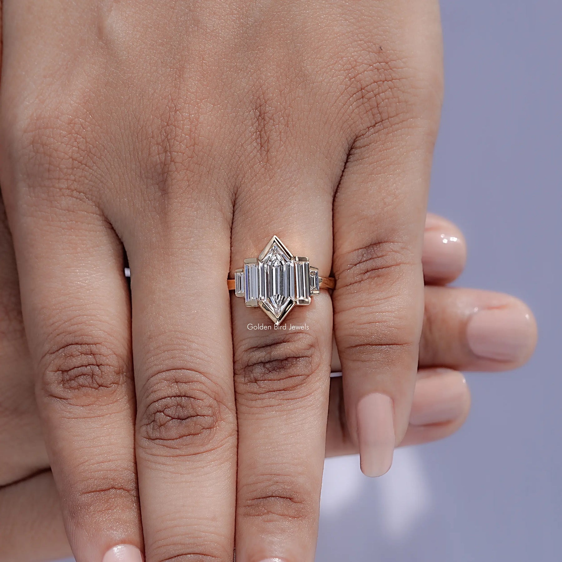 Top view of Step Cut Hexagon Lab Diamond Five Stone Ring