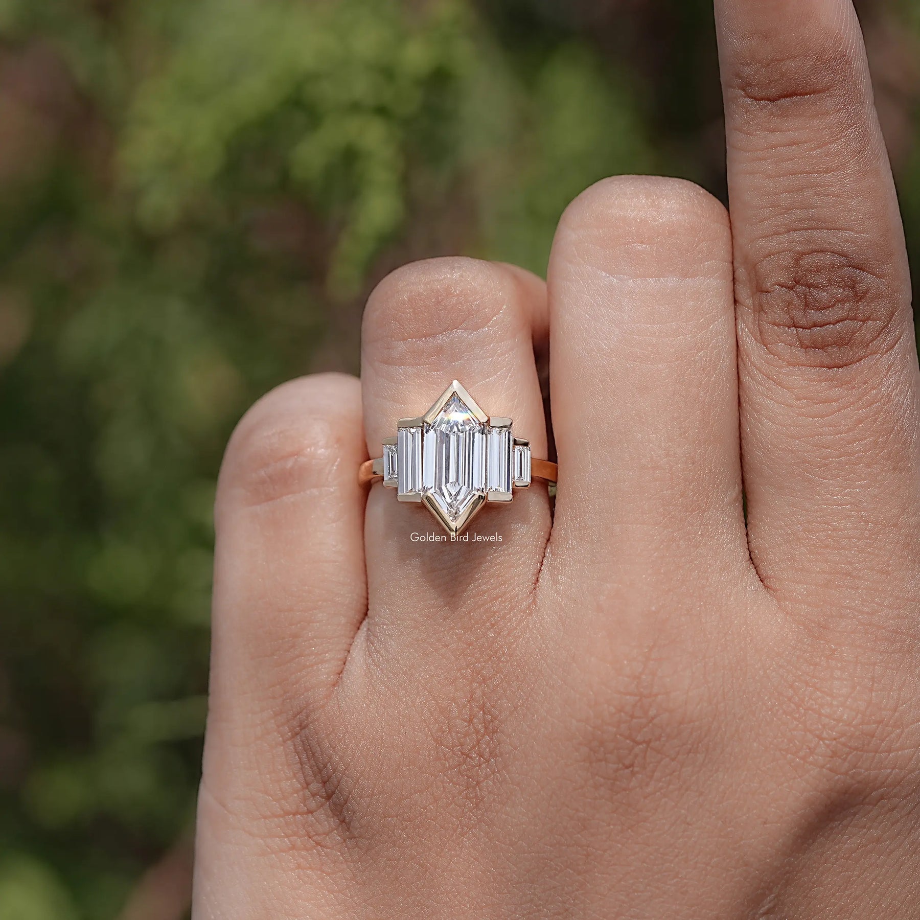 Front view of Step Cut Hexagon Diamond Five Stone Ring