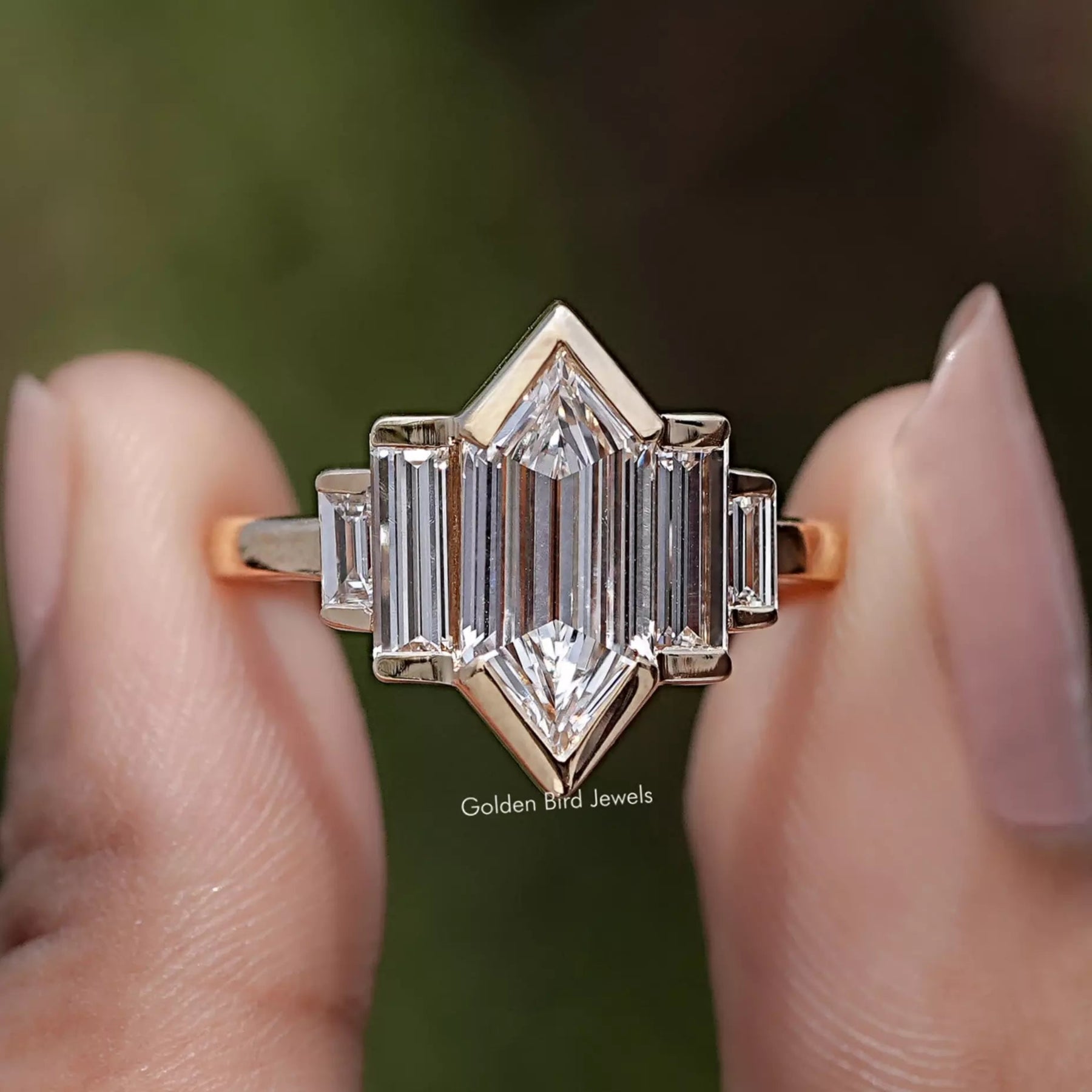 Step Cut Hexagon Lab Grown Diamond Five Stone Ring in Two Fingers