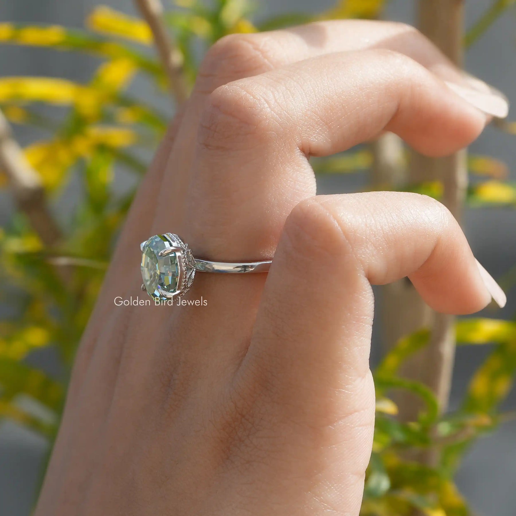 View of Oval Cut Moissanite Engagement Ring In 14K White Gold