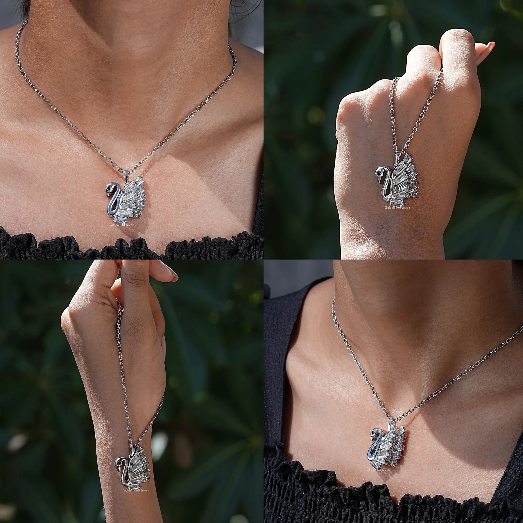 Front back side and close view of moissanite swan bracelet