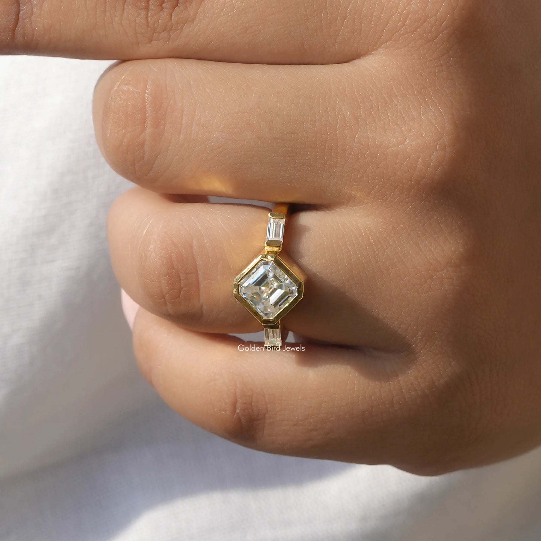 Detailed View of Asscher Cut Lab Diamond Three Stone Ring In White Gold