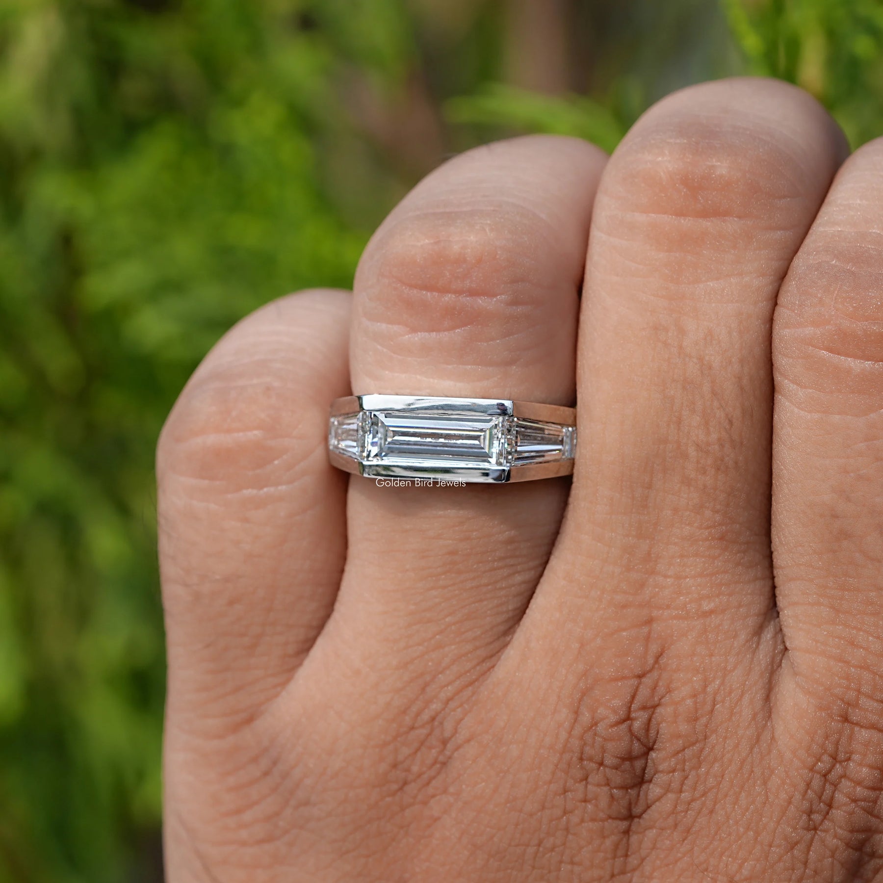View of Baguette Cut Lab Diamond Men's Ring In White Gold