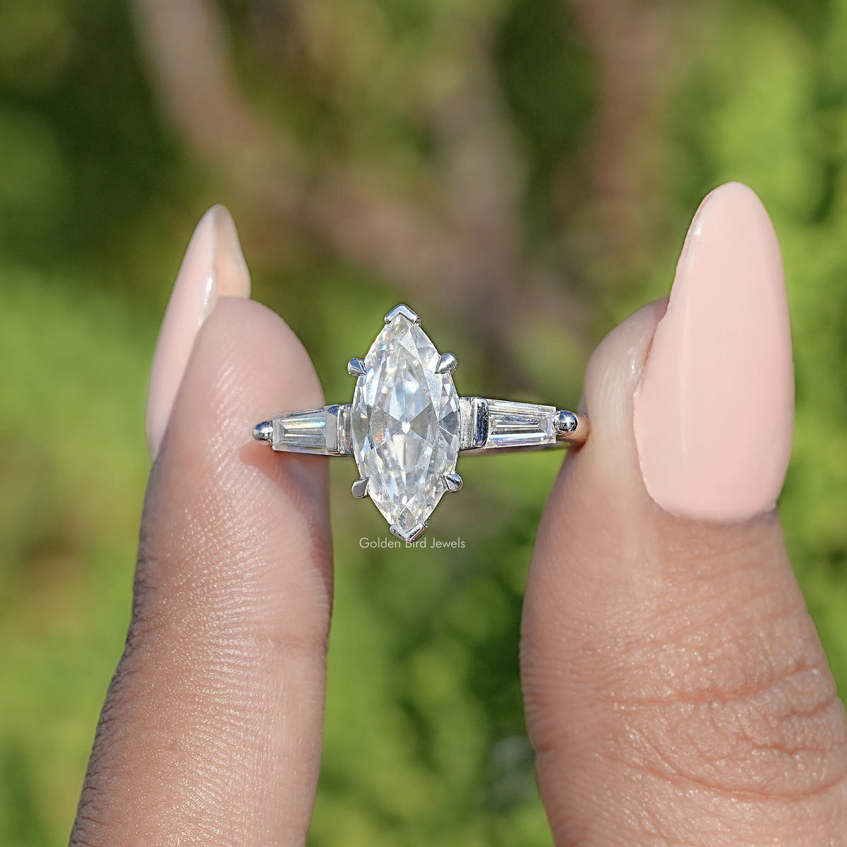 Three Stone Old Mine Marquise Moissanite Ring