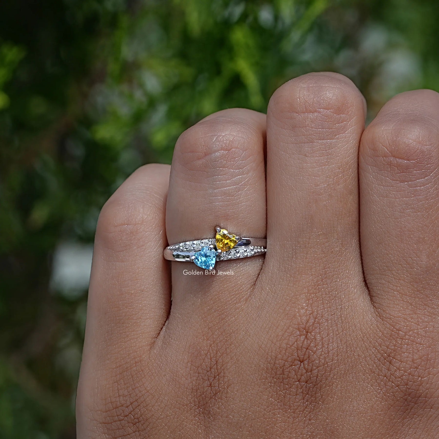 Front View of Marine And Yellow Heart Shaped Gemstone Accent Stone Ring In White Gold