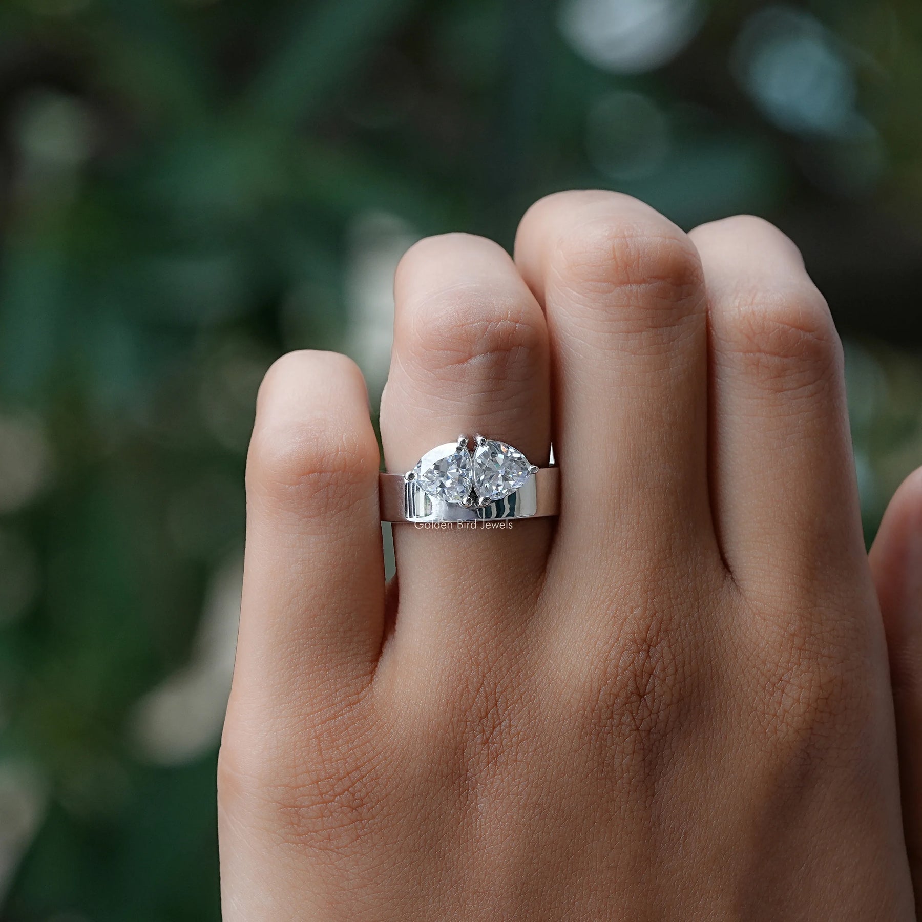 Detailed View of Trillion Cut Two Stone Moissanite Ring In White Gold
