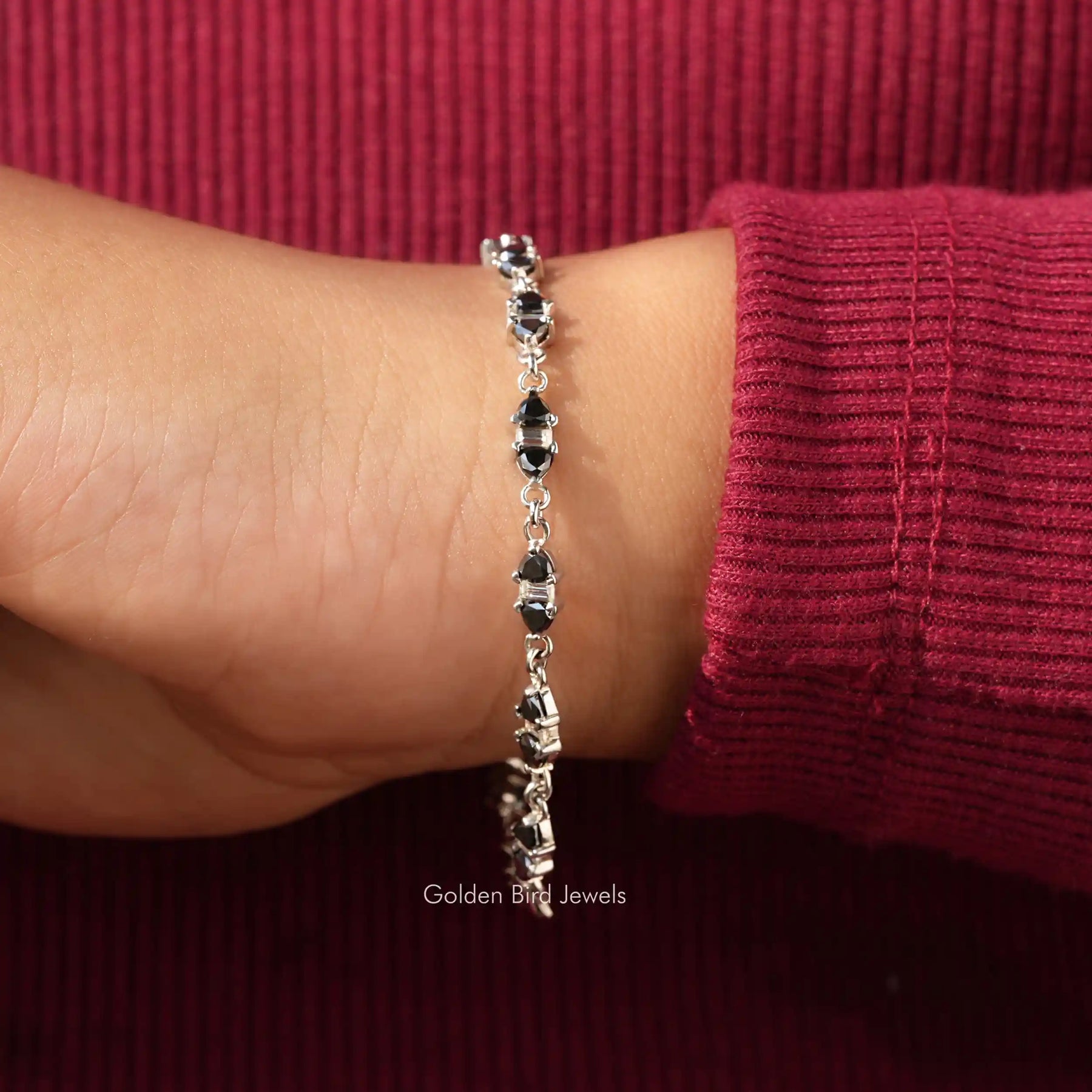 Side view of trillion Cut Bracelet In white Gold