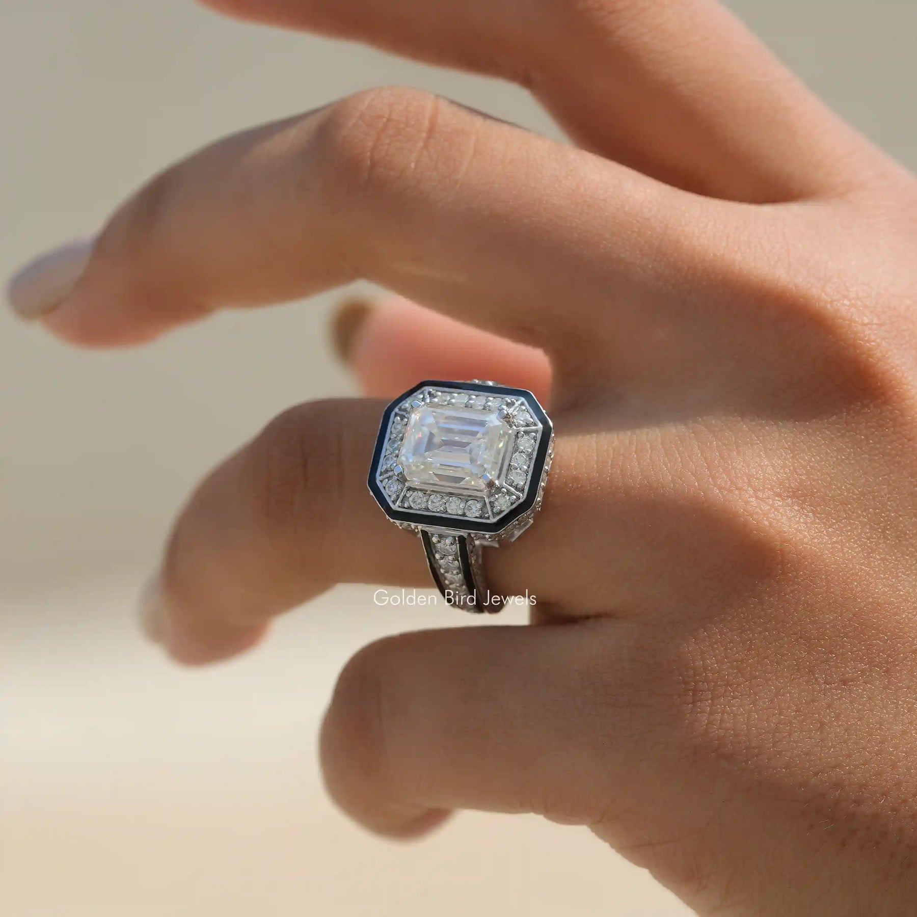 View of Emerald Cut Moissanite Vintage Style Engagement Ring In Finger