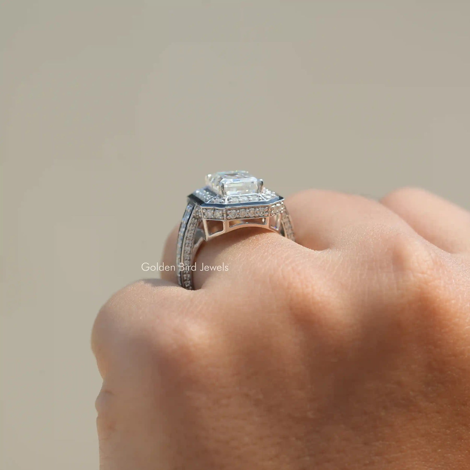 Back View of Emerald Cut Moissanite Vintage Style Engagement Ring In finger