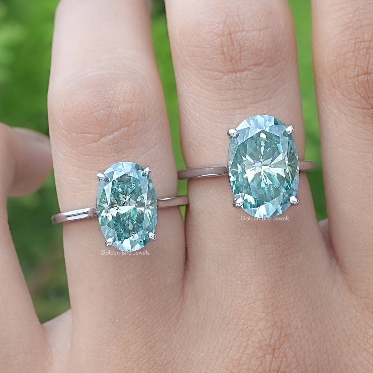 Blue Green Oval Moissanite Solitaire Ring