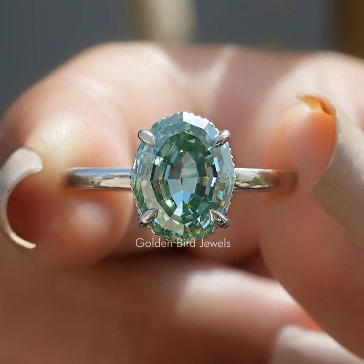 Step Cut Oval Hidden Halo Solitaire Ring