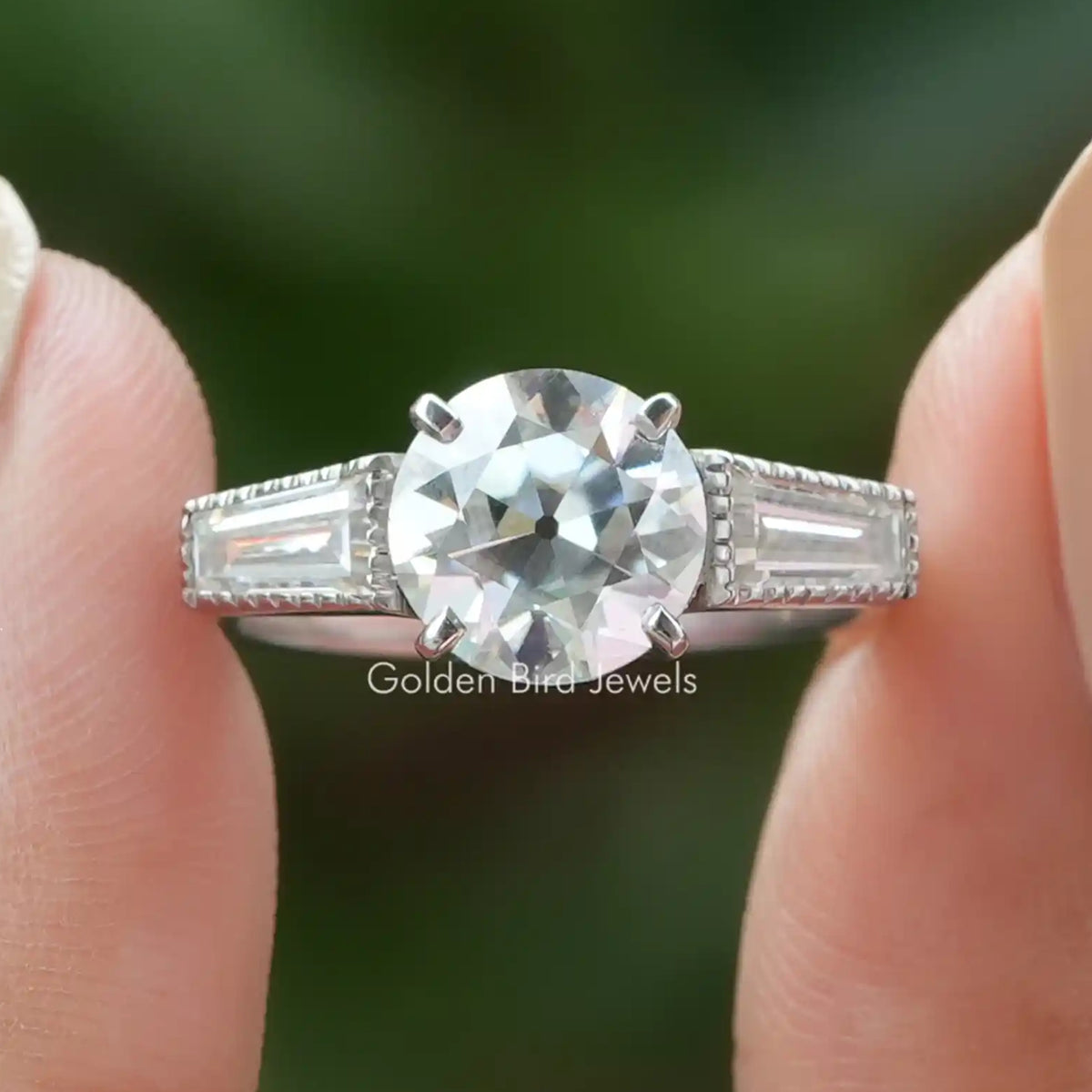 Old European Round Cut Three Stone Engagement Ring