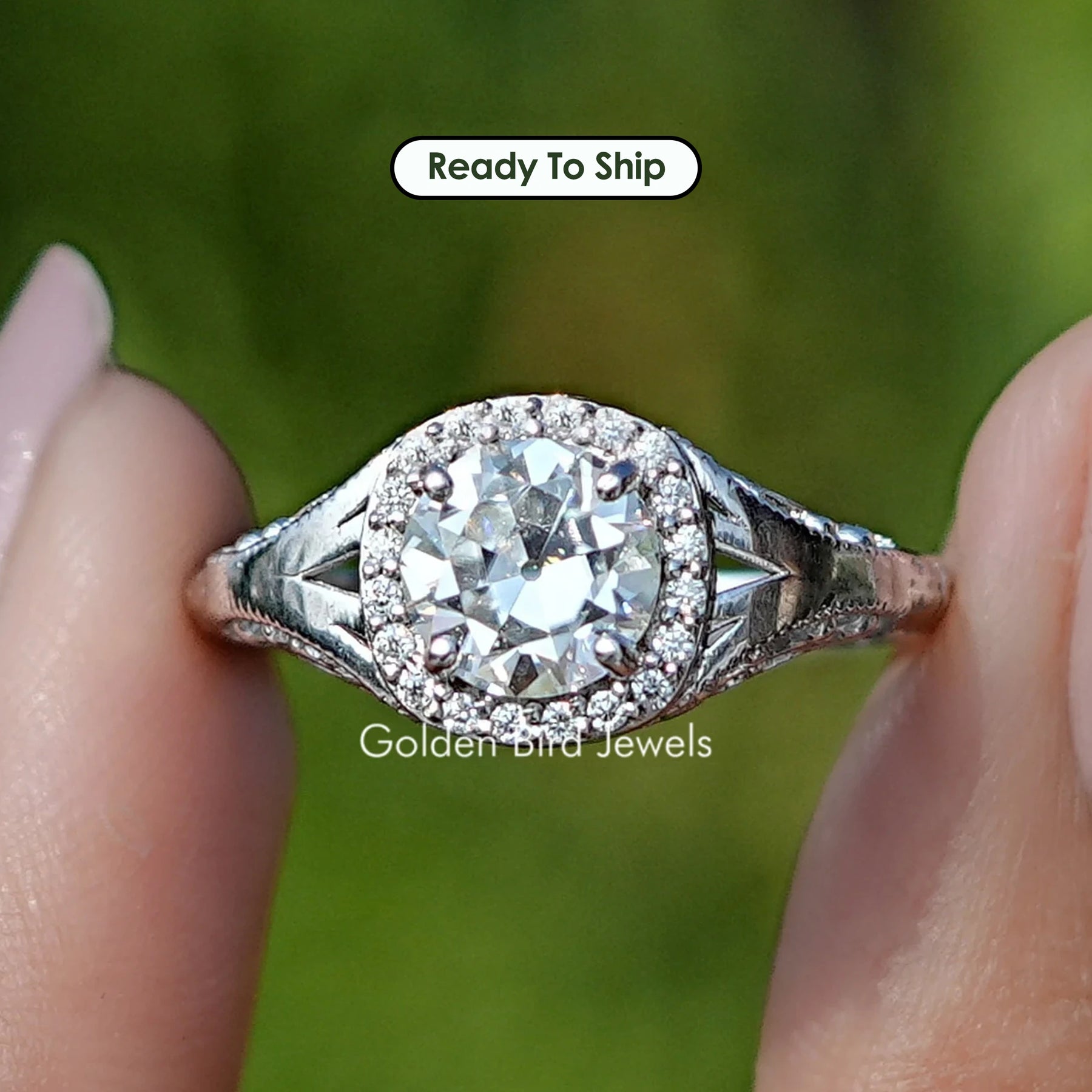 Old Cut European Round Moissanite Halo Ring