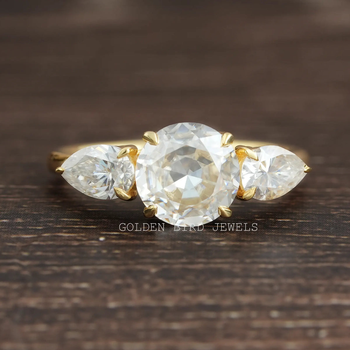 Rose Cut Round Moissanite Three Stone Engagement Ring