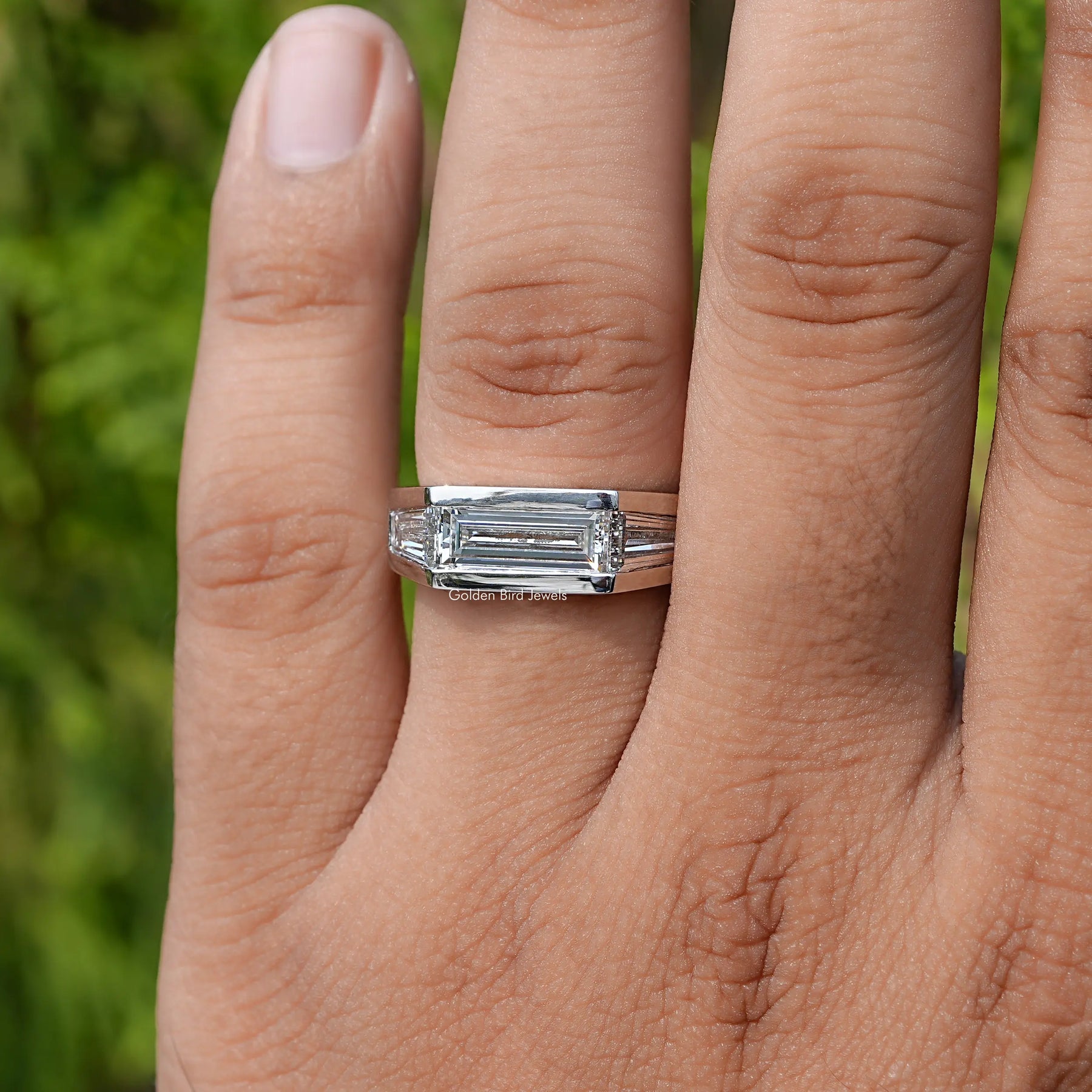 View of Baguette Cut Lab Grown Diamond Men's Ring In Finger