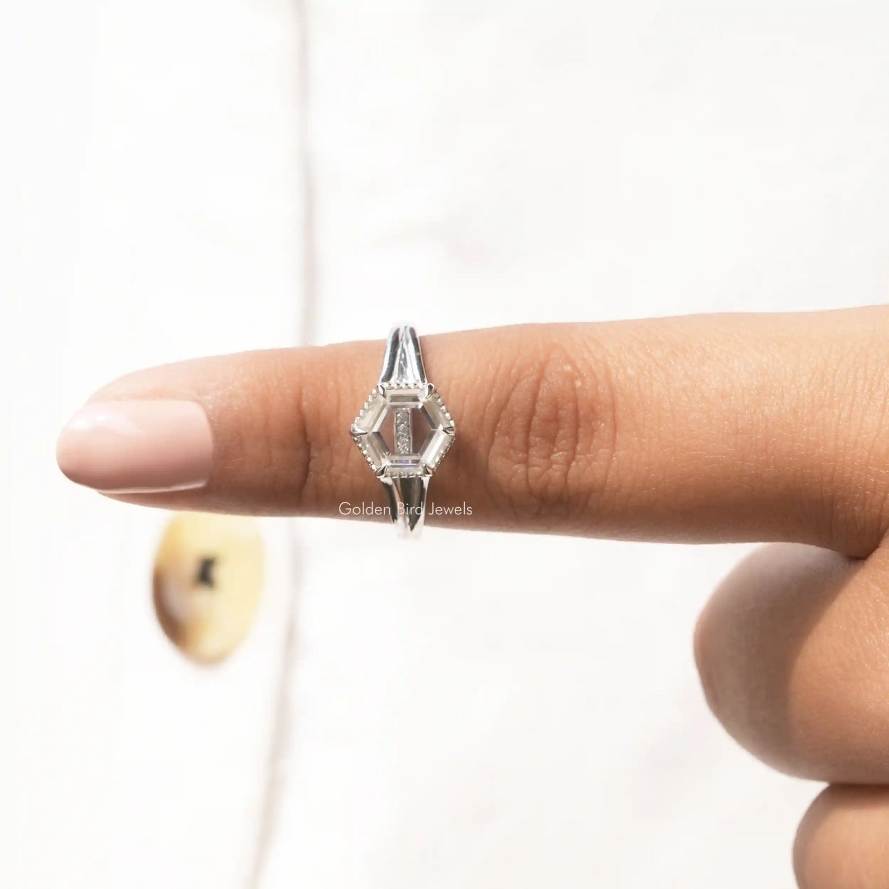 In finger front View of Portrait Hexagon Cut Ring