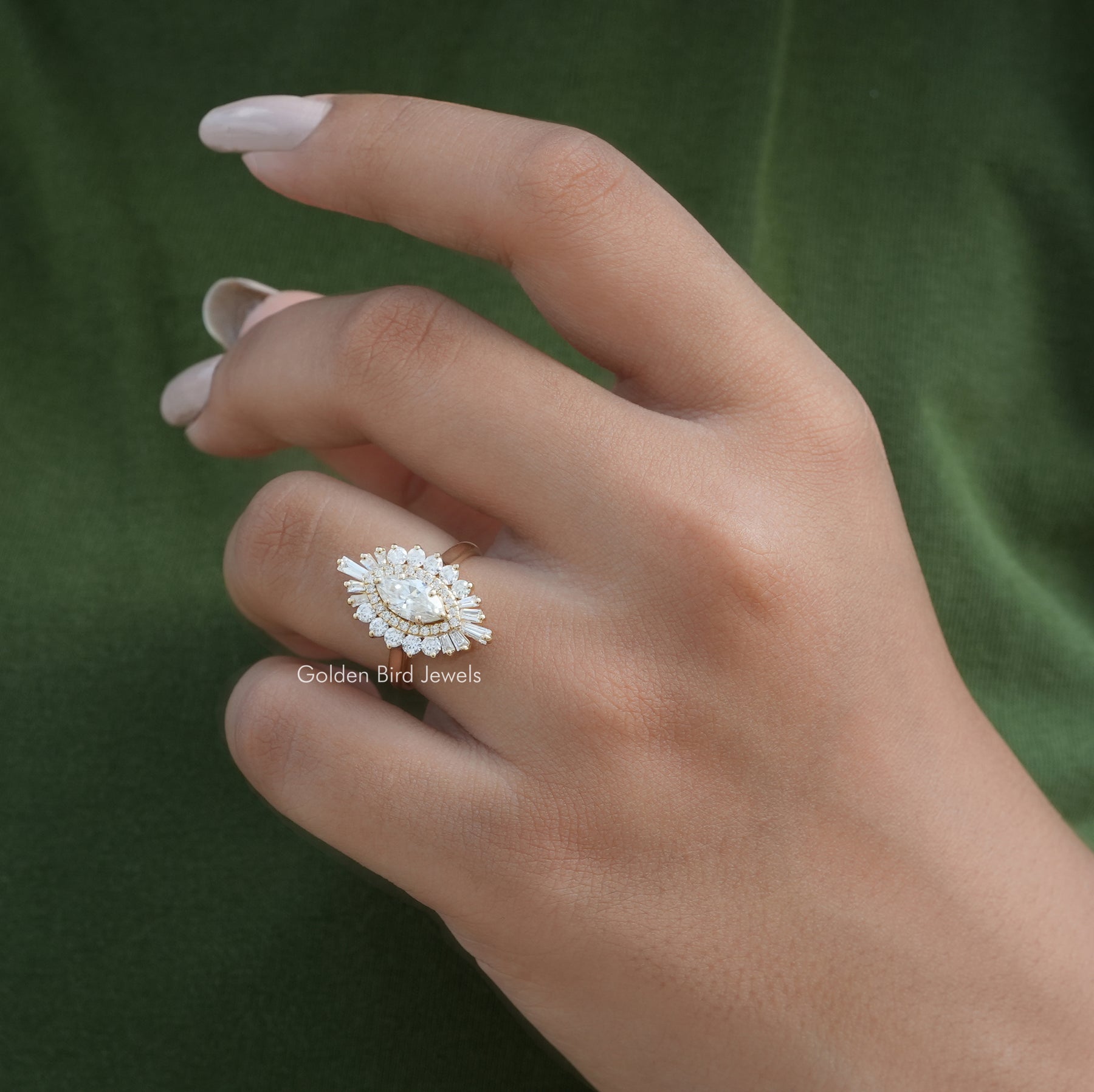 View of Marquise Cut Halo Lab Diamond Ballerina Ring In Yellow Gold