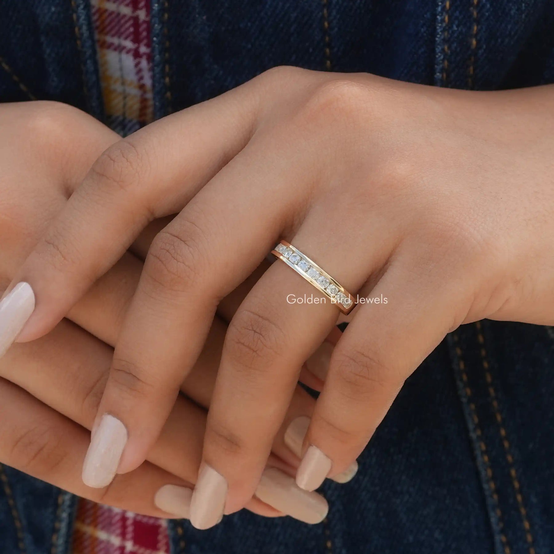 Close-Up View of Round Cut Diamond Half Wedding Band In Yellow Gold