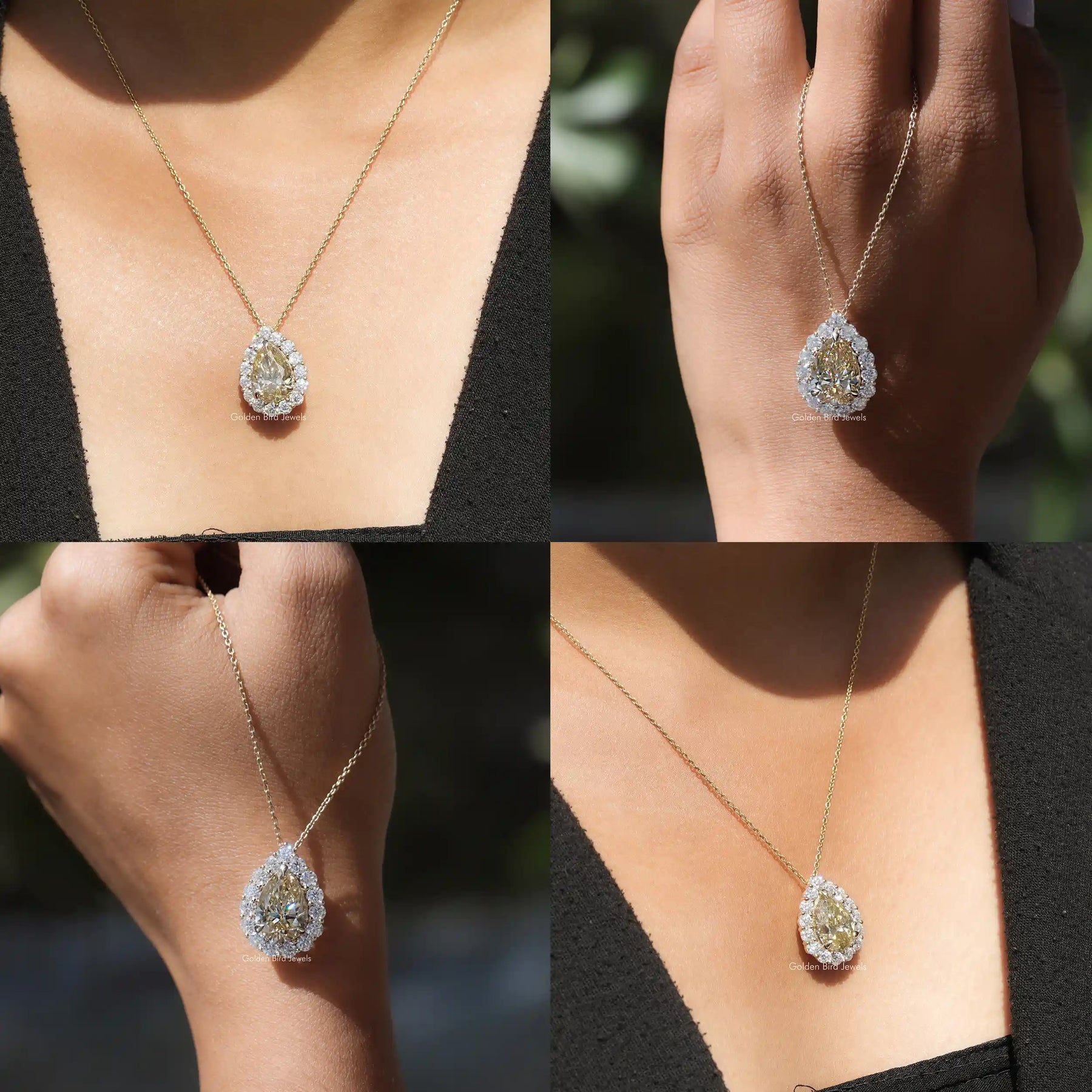 Front back side and close view of pear cut solitaire pendant