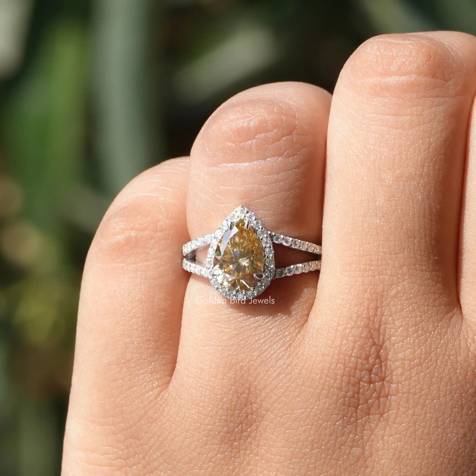 Detailed View Of Yellow Pear Cut Moissanite Ring In White Gold