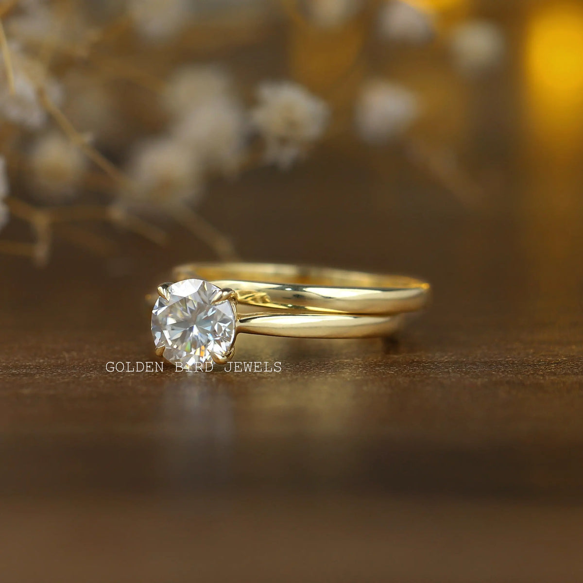 View of Round Cut Moissanite Bridal Wedding Ring In Yellow Gold